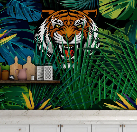 Hidden Tiger Behind Jungle Leaves Wall Mural. Peel and Stick Wallpaper. Safari Wildlife Illustration. #6351