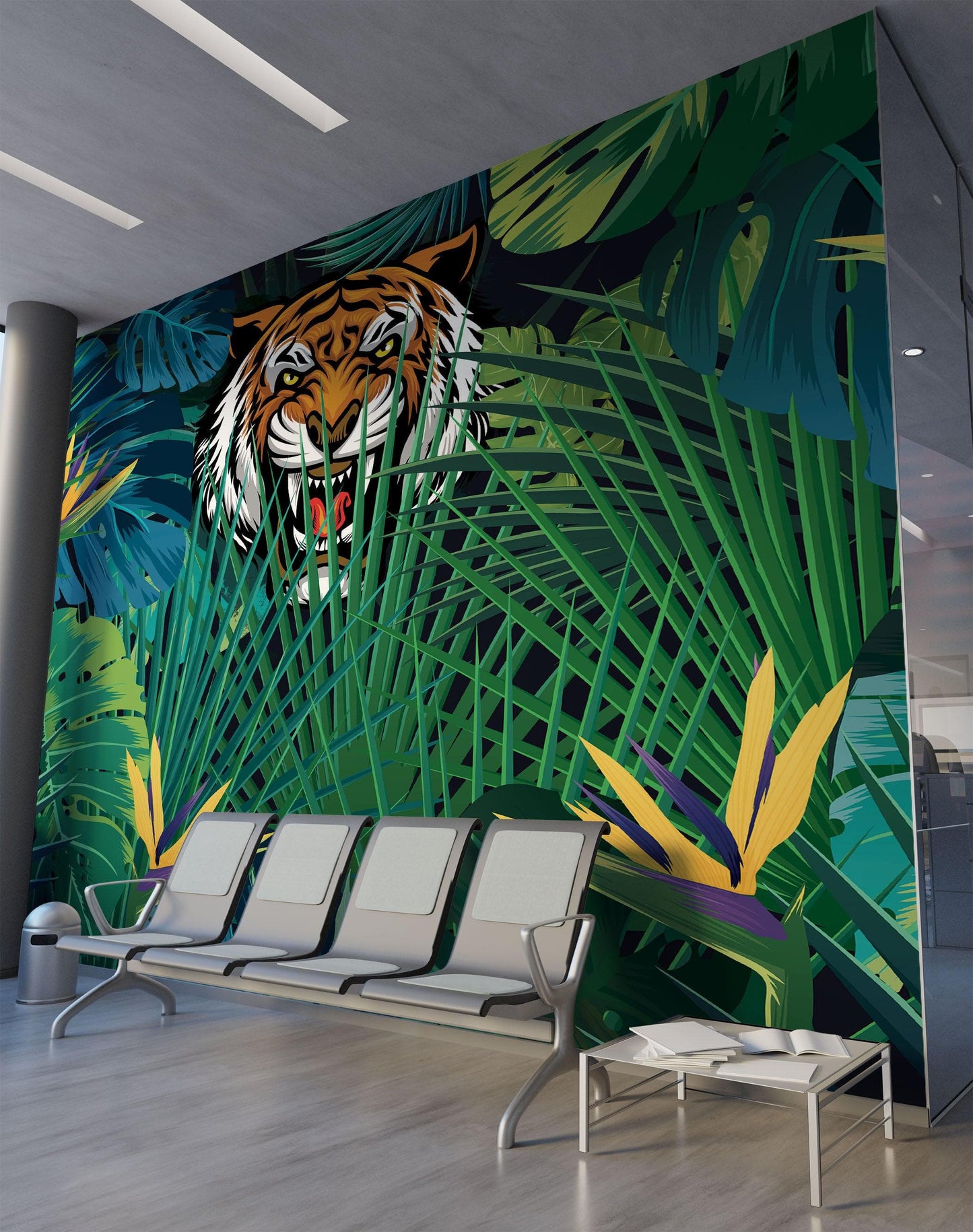 Hidden Tiger Behind Jungle Leaves Wall Mural. Peel and Stick Wallpaper. Safari Wildlife Illustration. #6351