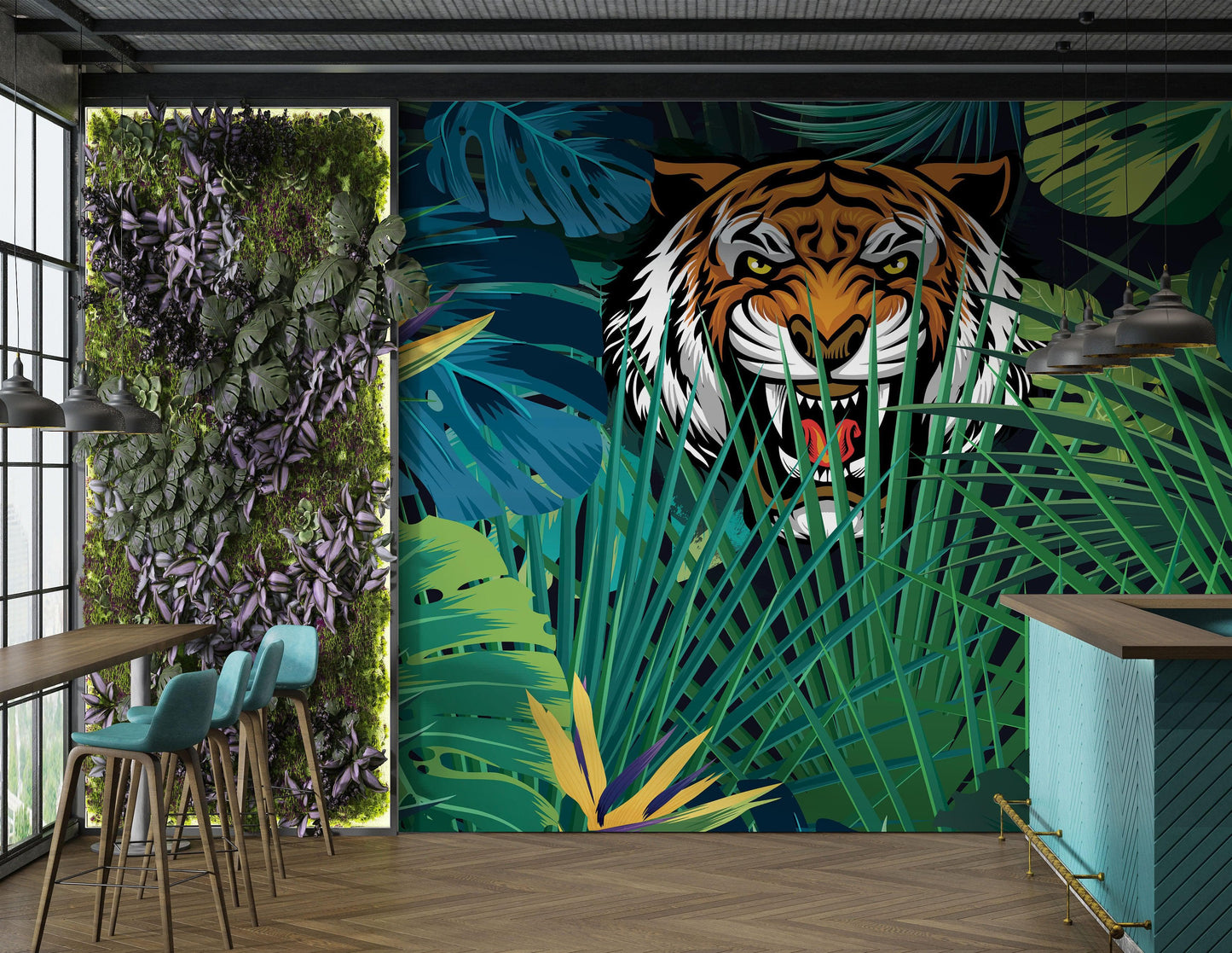 Hidden Tiger Behind Jungle Leaves Wall Mural. Peel and Stick Wallpaper. Safari Wildlife Illustration. #6351