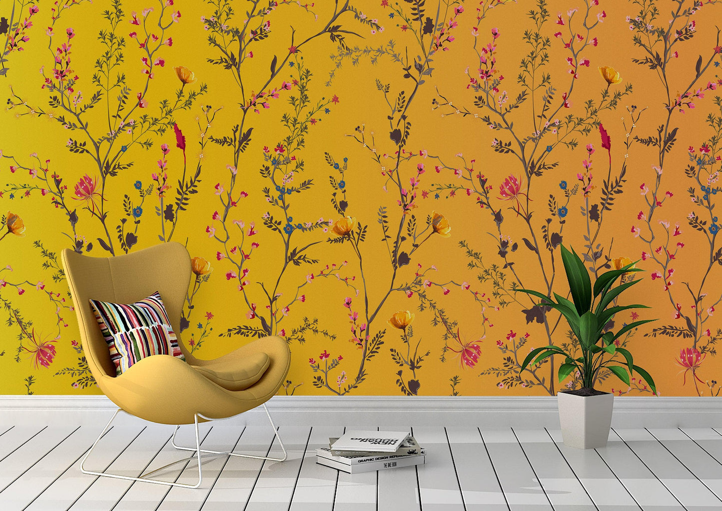 Botanical Flower Garden With Yellow Orange Background Wall Mural. Blossom Flower Decor. #6355