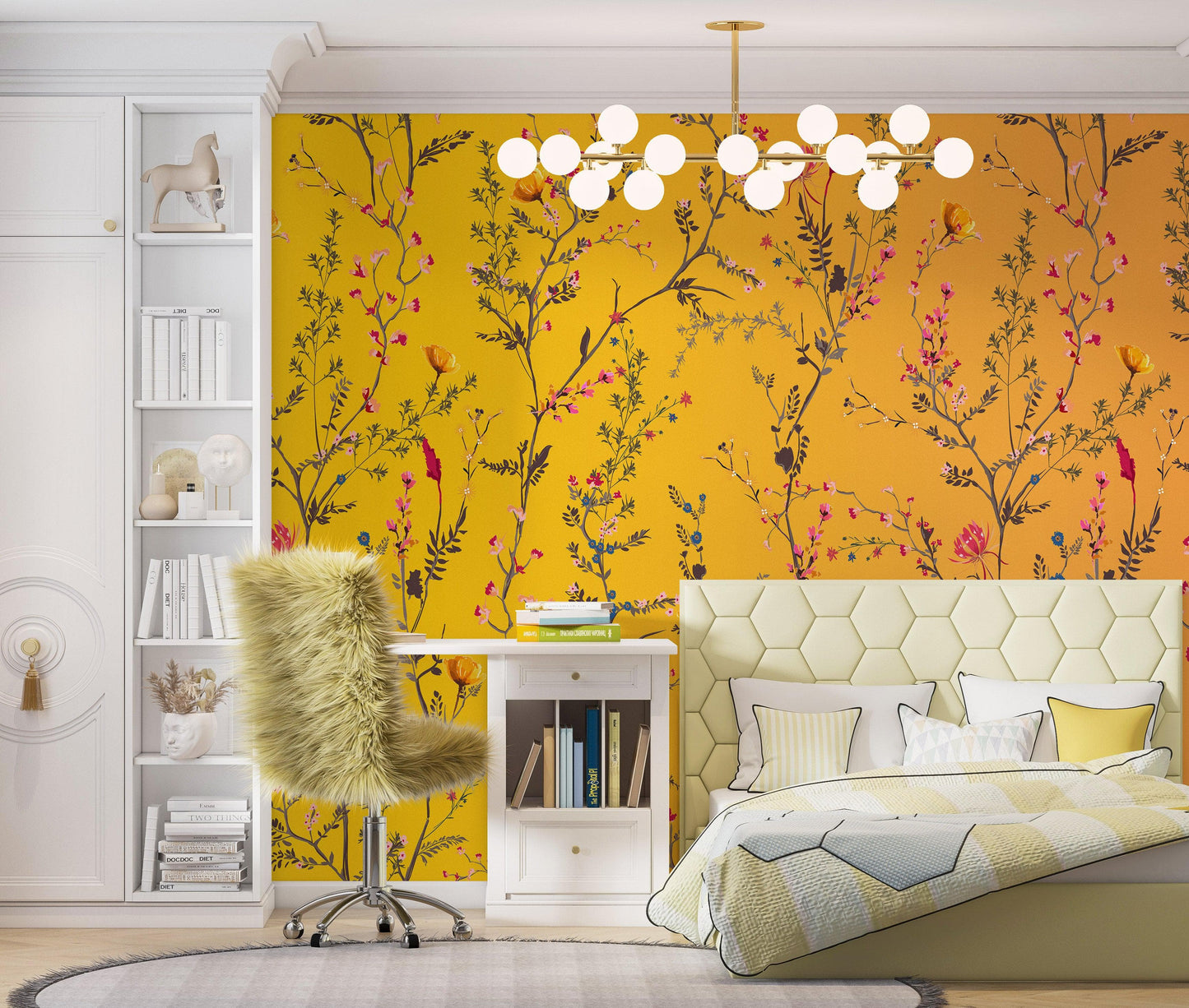 Botanical Flower Garden With Yellow Orange Background Wall Mural. Blossom Flower Decor. #6355