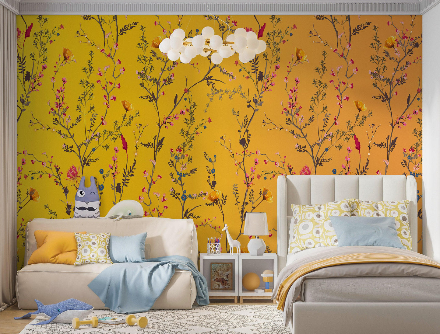 Botanical Flower Garden With Yellow Orange Background Wall Mural. Blossom Flower Decor. #6355