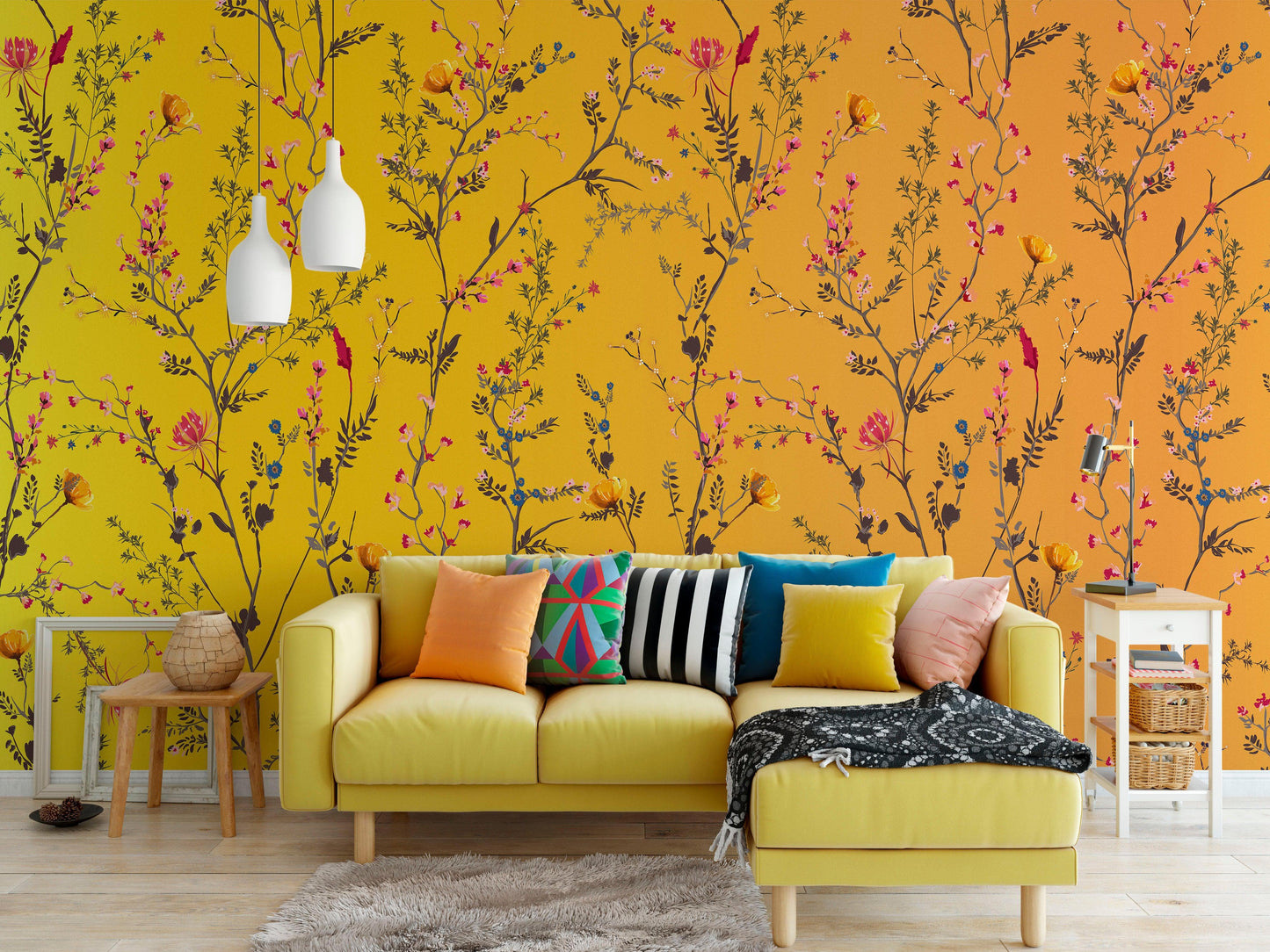 Botanical Flower Garden With Yellow Orange Background Wall Mural. Blossom Flower Decor. #6355