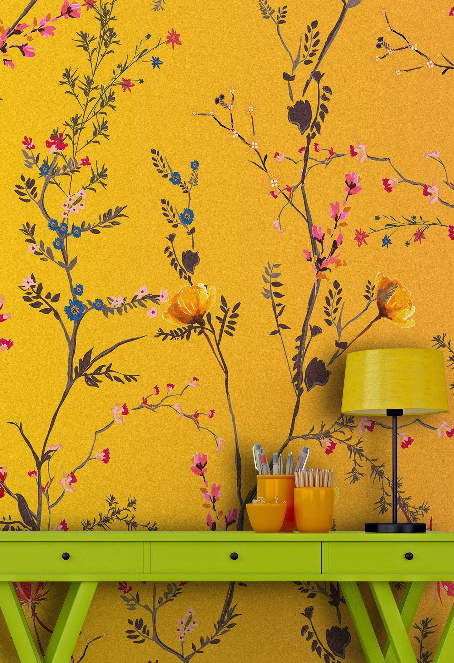 Botanical Flower Garden With Yellow Orange Background Wall Mural. Blossom Flower Decor. #6355