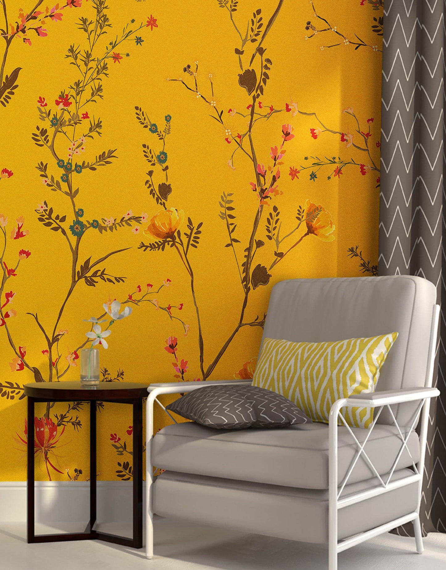 Botanical Flower Garden With Yellow Orange Background Wall Mural. Blossom Flower Decor. #6355