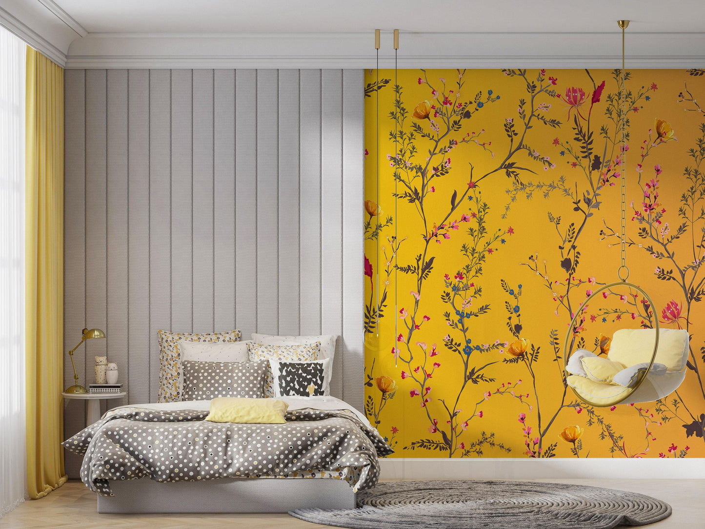 Botanical Flower Garden With Yellow Orange Background Wall Mural. Blossom Flower Decor. #6355