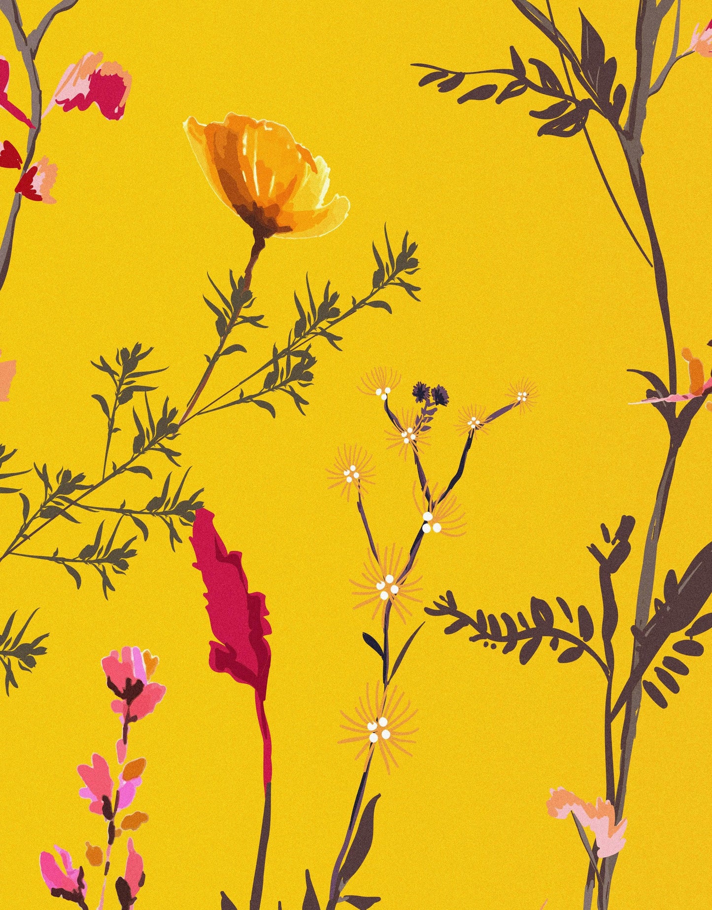 Botanical Flower Garden With Yellow Orange Background Wall Mural. Blossom Flower Decor. #6355