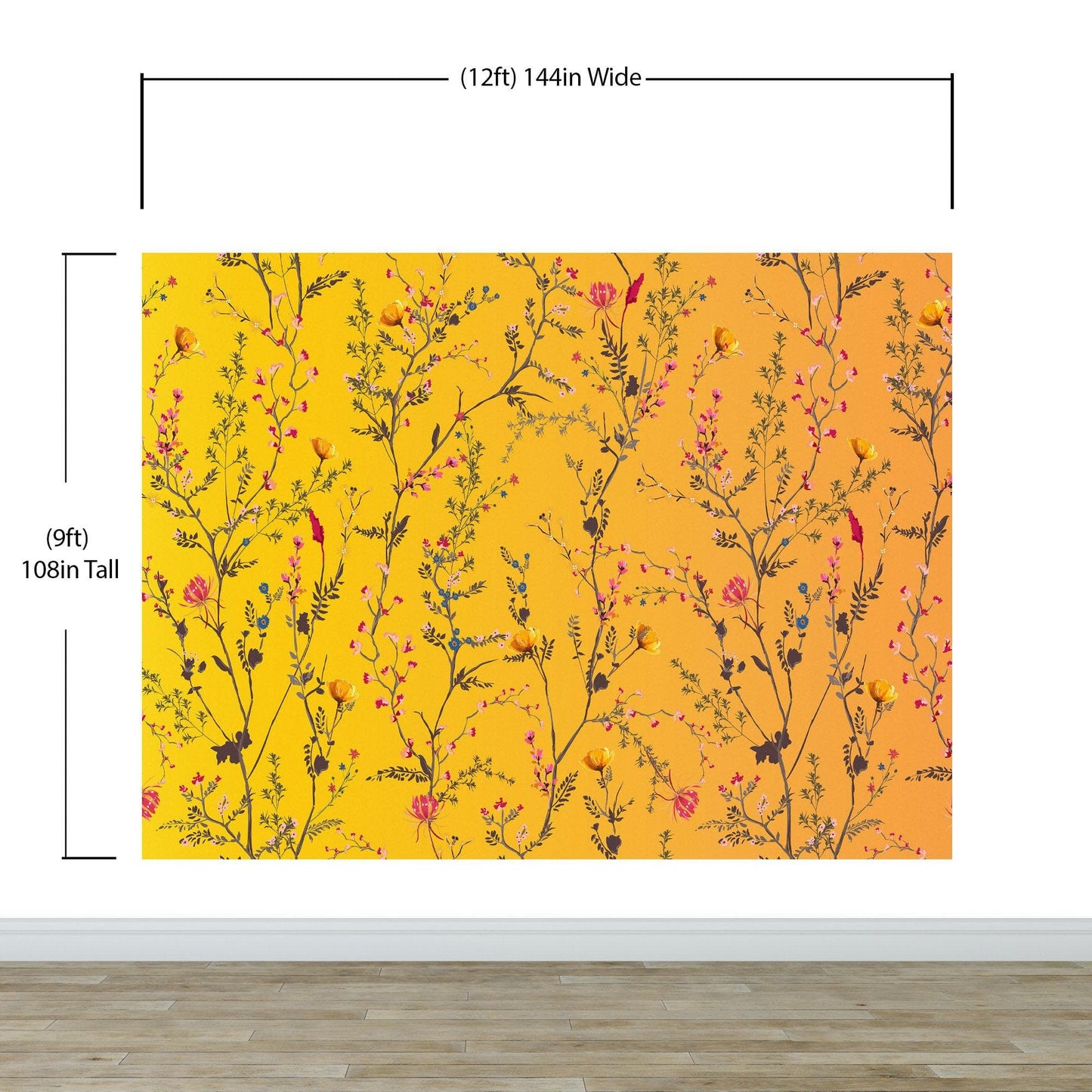 Botanical Flower Garden With Yellow Orange Background Wall Mural. Blossom Flower Decor. #6355