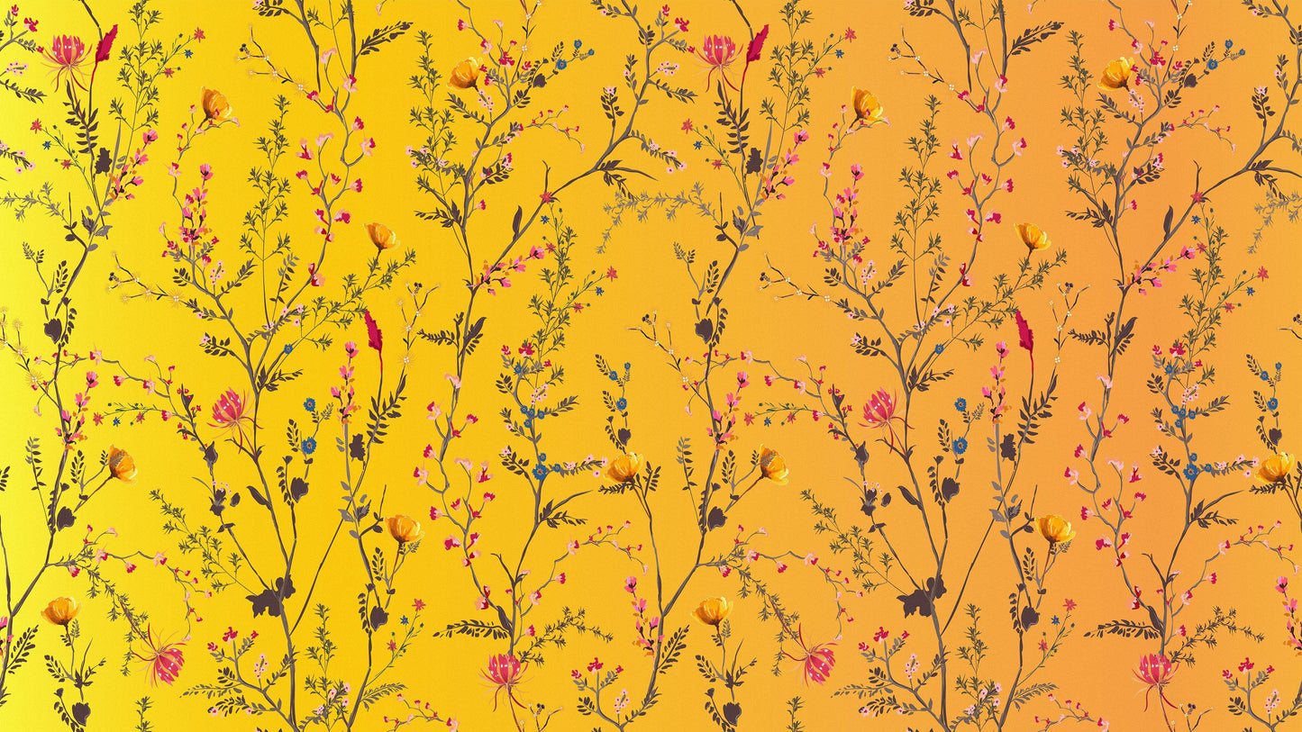 Botanical Flower Garden With Yellow Orange Background Wall Mural. Blossom Flower Decor. #6355