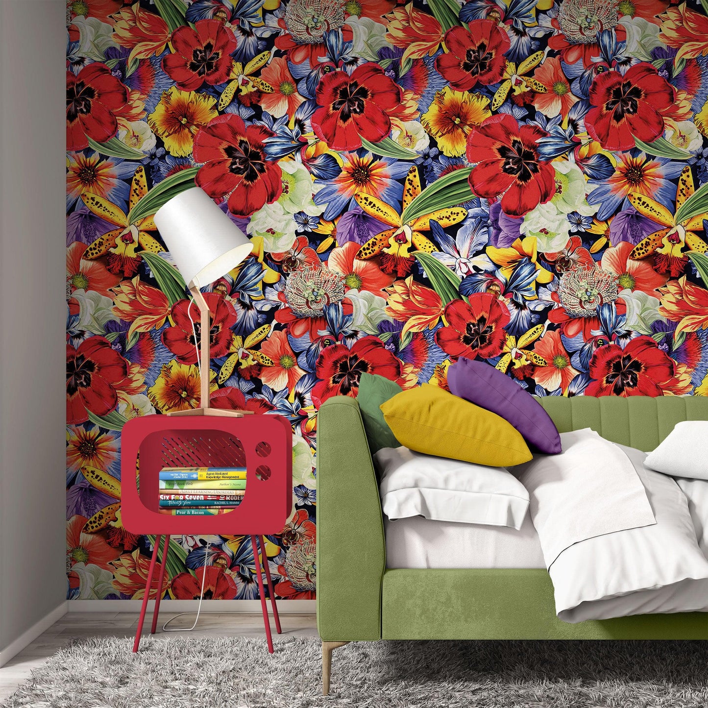 Colorful Blooming Flower Wall Mural. Tropical Floral Design Pattern Peel and Stick Wallpaper. #6370