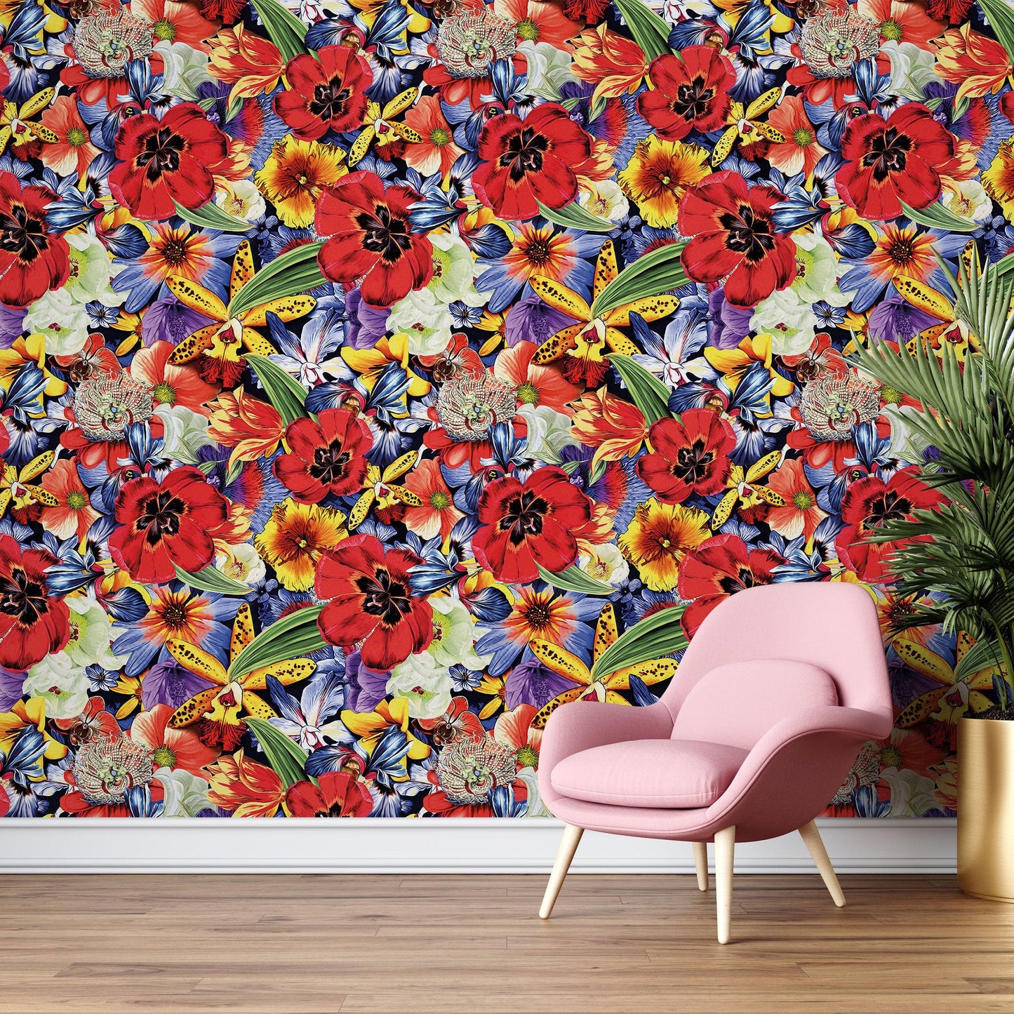 Colorful Blooming Flower Wall Mural. Tropical Floral Design Pattern Peel and Stick Wallpaper. #6370