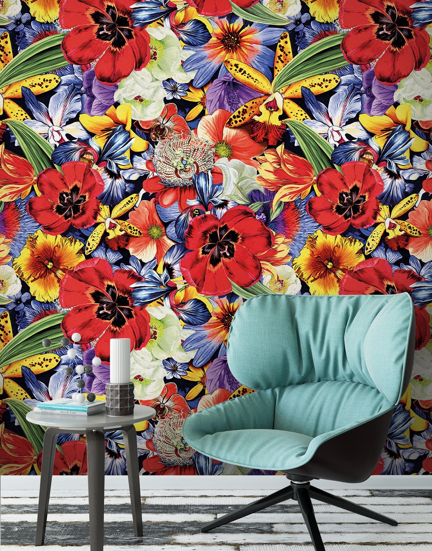 Colorful Blooming Flower Wall Mural. Tropical Floral Design Pattern Peel and Stick Wallpaper. #6370