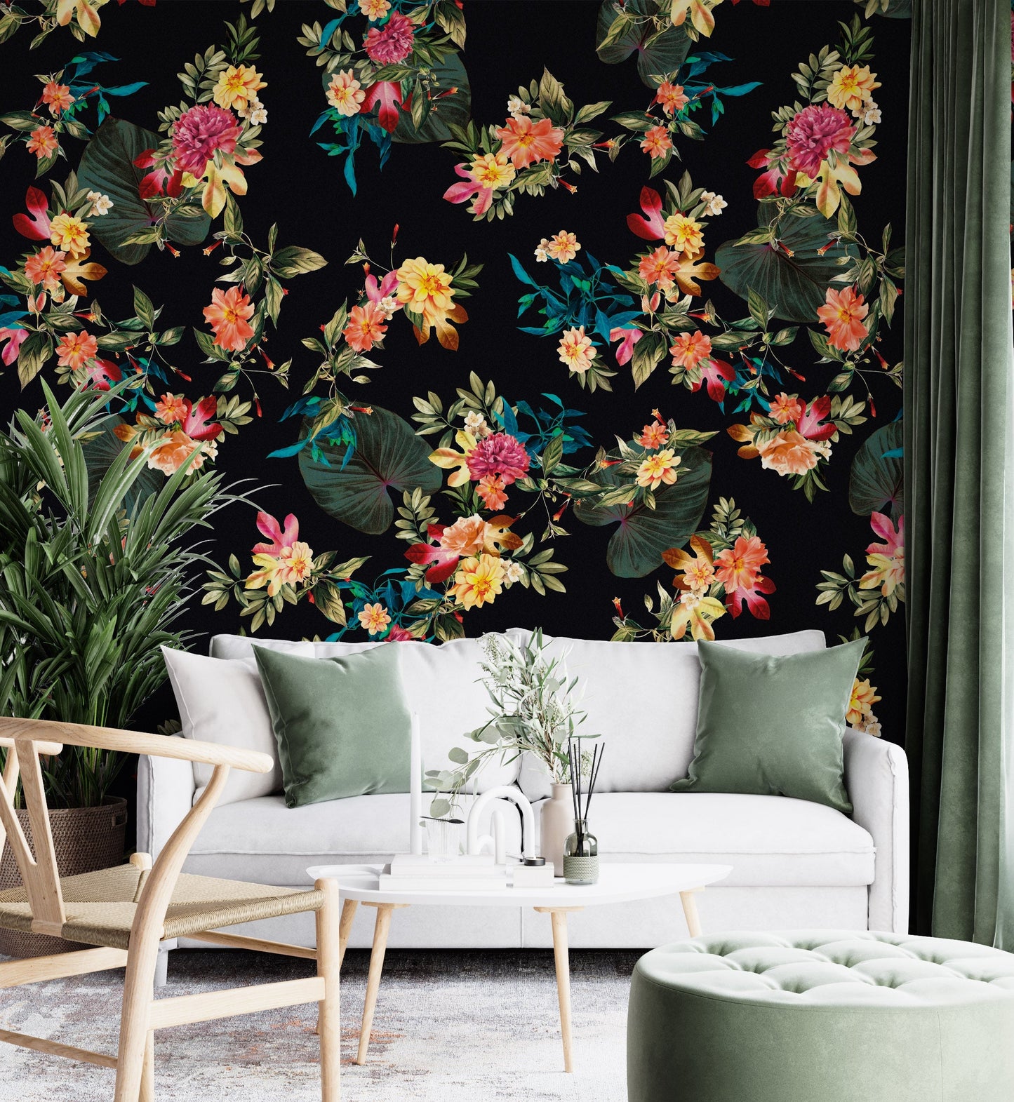 Tropical Flower Wall Mural. Paradise Botanical Flowers and Leave Black Background. #6372