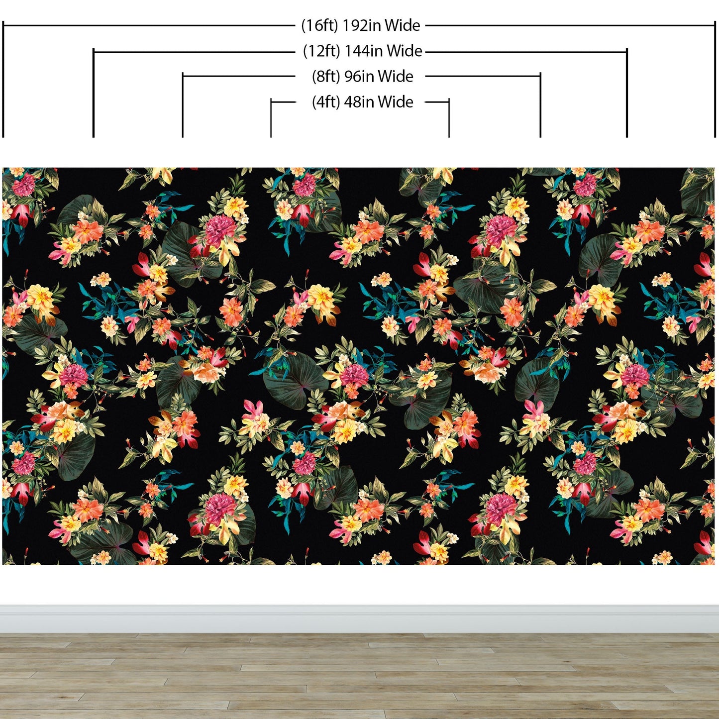 Tropical Flower Wall Mural. Paradise Botanical Flowers and Leave Black Background. #6372