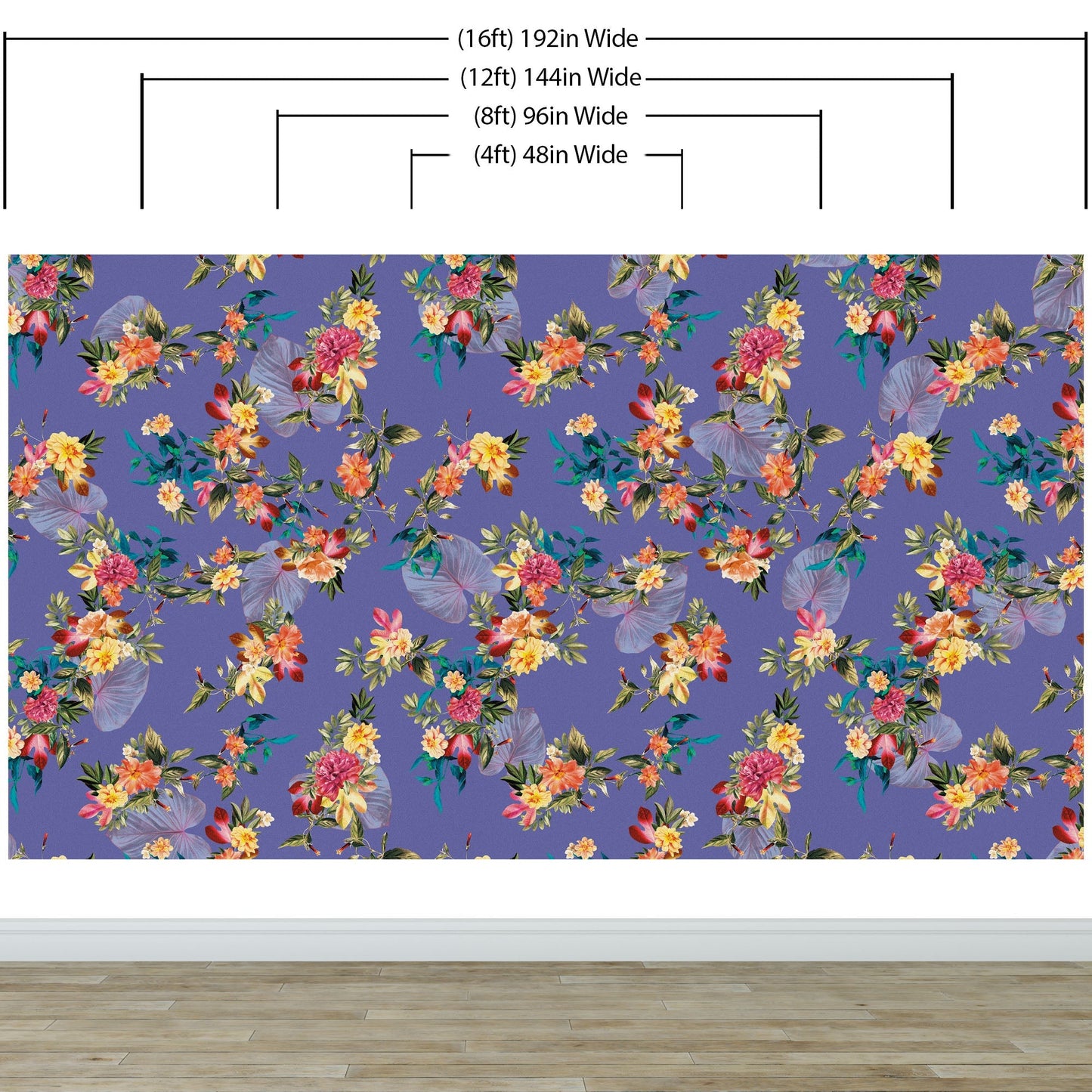 Tropical Flower Wall Mural. Paradise Botanical Flowers and Leave Purple Very Peri Color Background. #6376