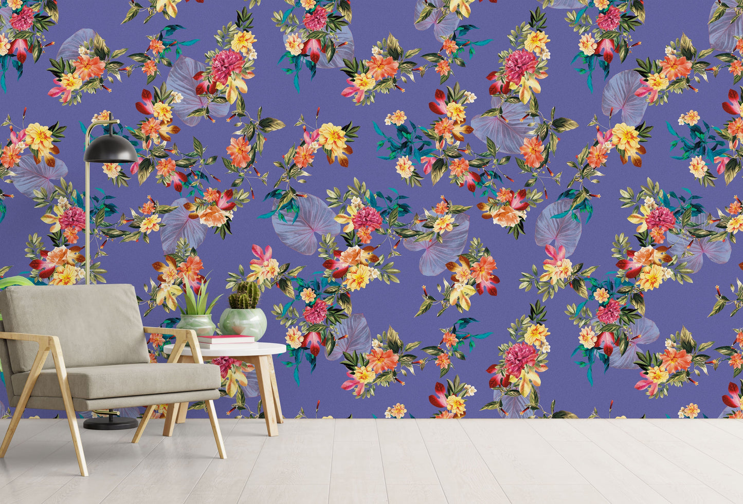 Tropical Flower Wall Mural. Paradise Botanical Flowers and Leave Purple Very Peri Color Background. #6376