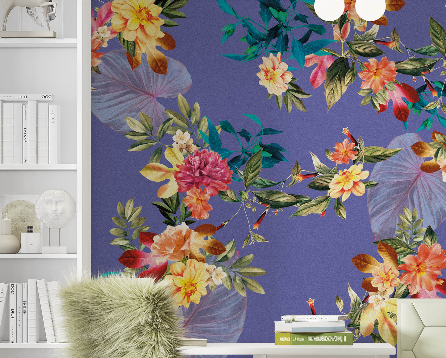 Tropical Flower Wall Mural. Paradise Botanical Flowers and Leave Purple Very Peri Color Background. #6376