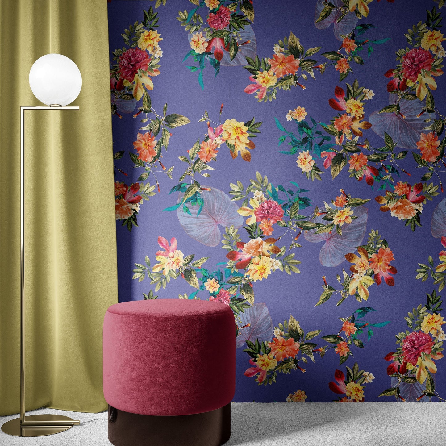 Tropical Flower Wall Mural. Paradise Botanical Flowers and Leave Purple Very Peri Color Background. #6376