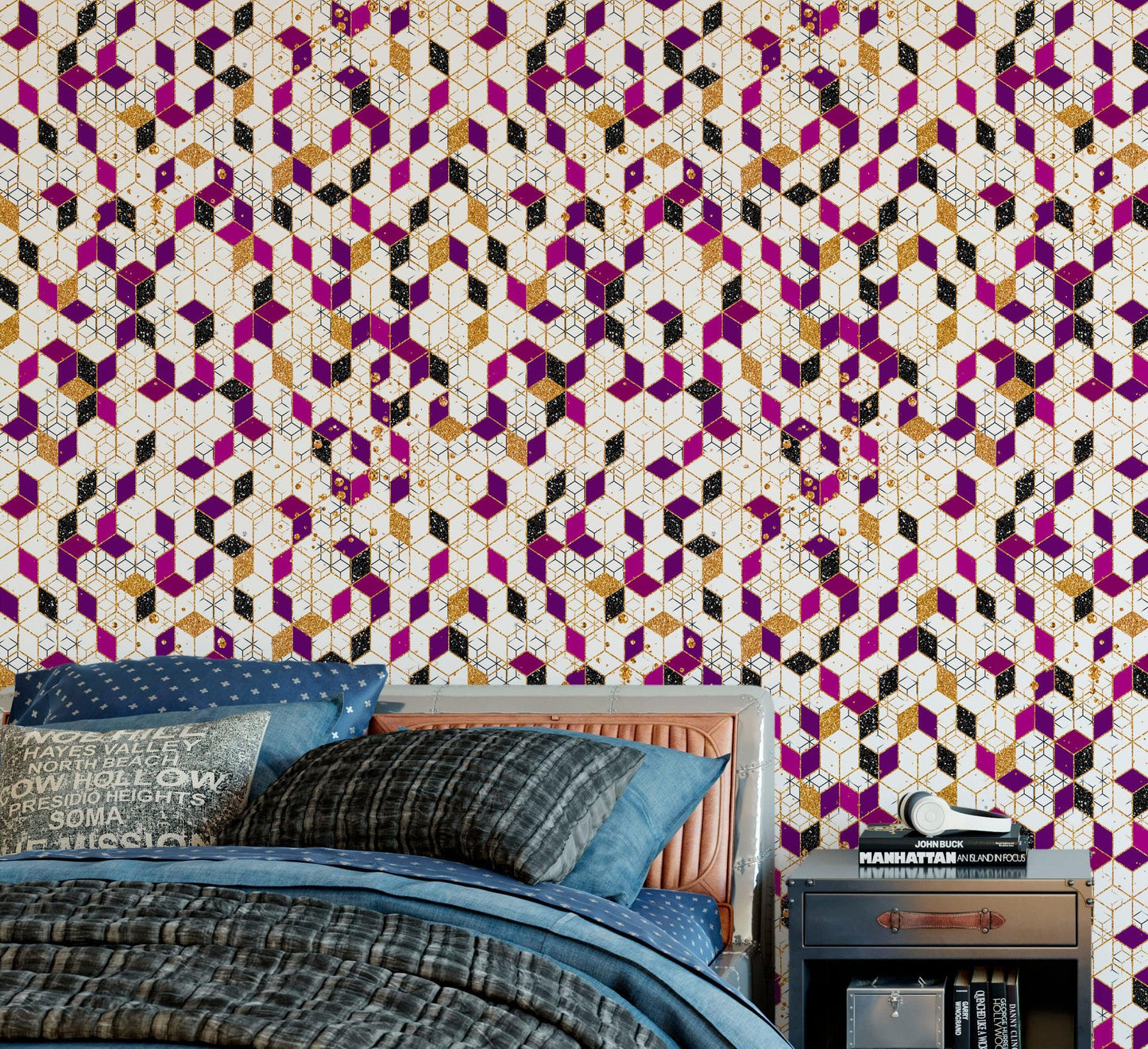 Abstract 3D Cube Shape Wall Mural. Geometric Cube Minimalistic Purple and Gold Peel and Stick Wallpaper. #6380