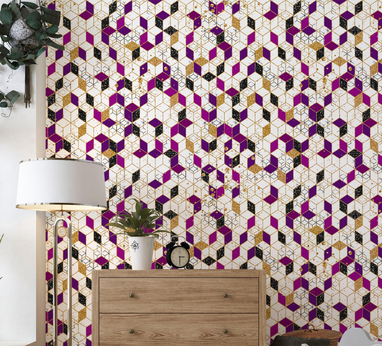 Abstract 3D Cube Shape Wall Mural. Geometric Cube Minimalistic Purple and Gold Peel and Stick Wallpaper. #6380