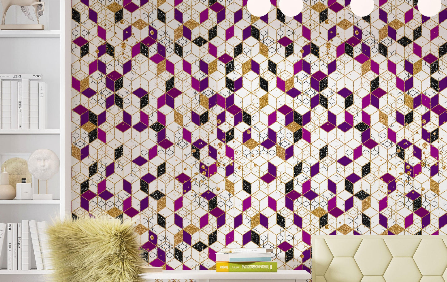 Abstract 3D Cube Shape Wall Mural. Geometric Cube Minimalistic Purple and Gold Peel and Stick Wallpaper. #6380