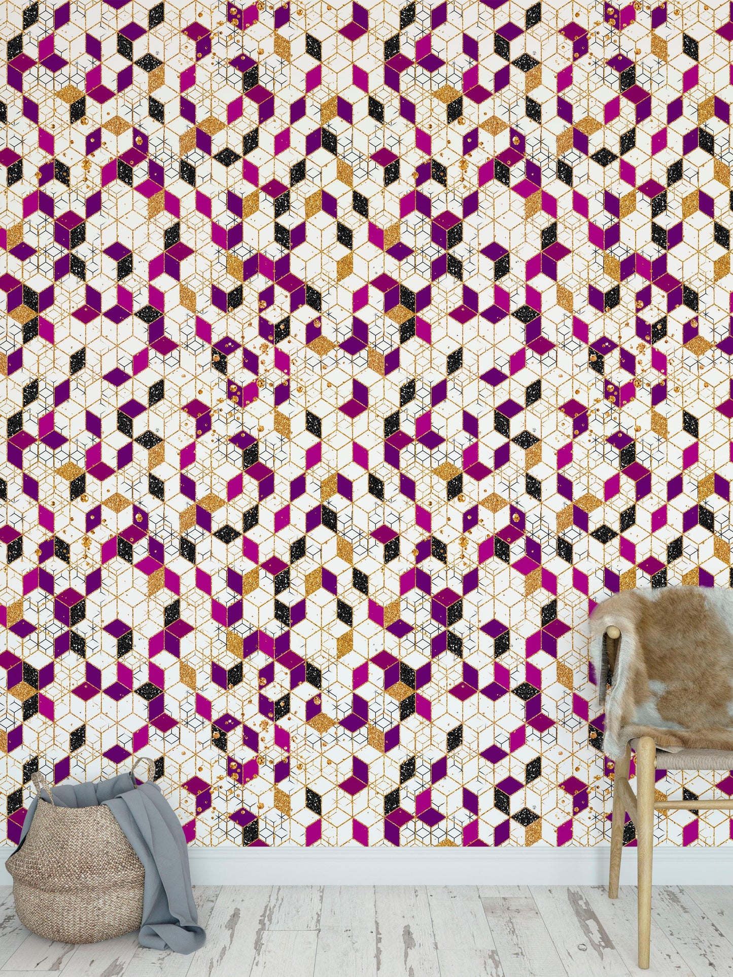 Abstract 3D Cube Shape Wall Mural. Geometric Cube Minimalistic Purple and Gold Peel and Stick Wallpaper. #6380