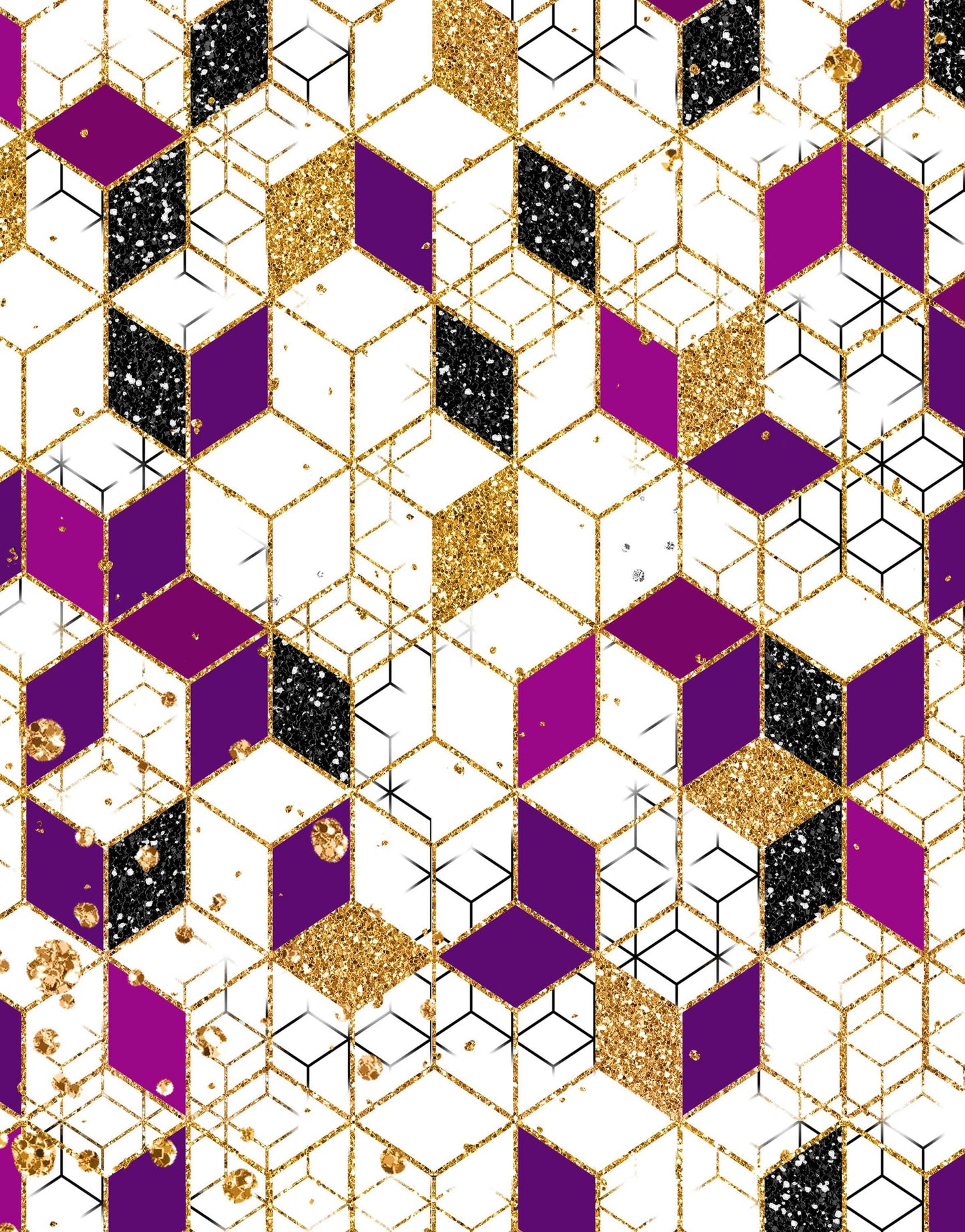 Abstract 3D Cube Shape Wall Mural. Geometric Cube Minimalistic Purple and Gold Peel and Stick Wallpaper. #6380