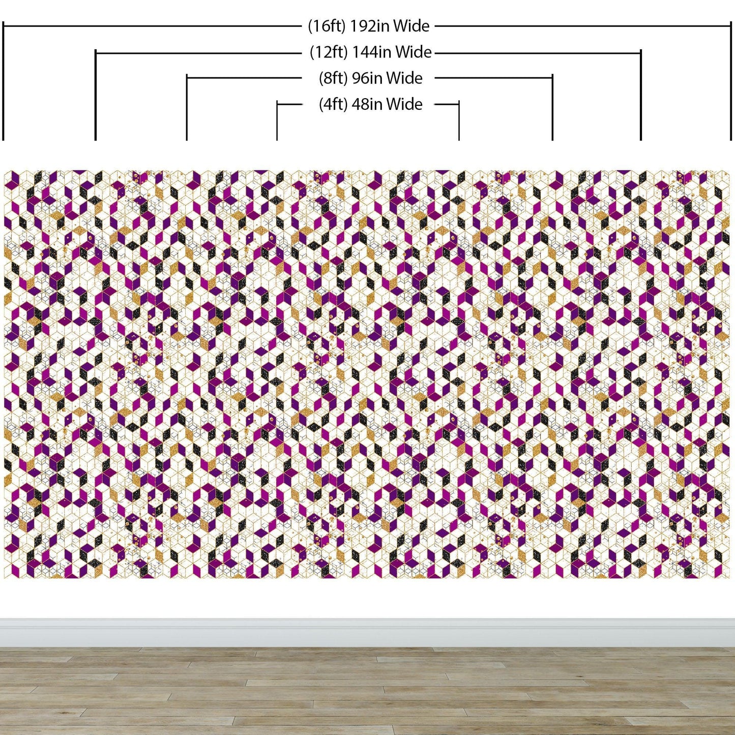 Abstract 3D Cube Shape Wall Mural. Geometric Cube Minimalistic Purple and Gold Peel and Stick Wallpaper. #6380