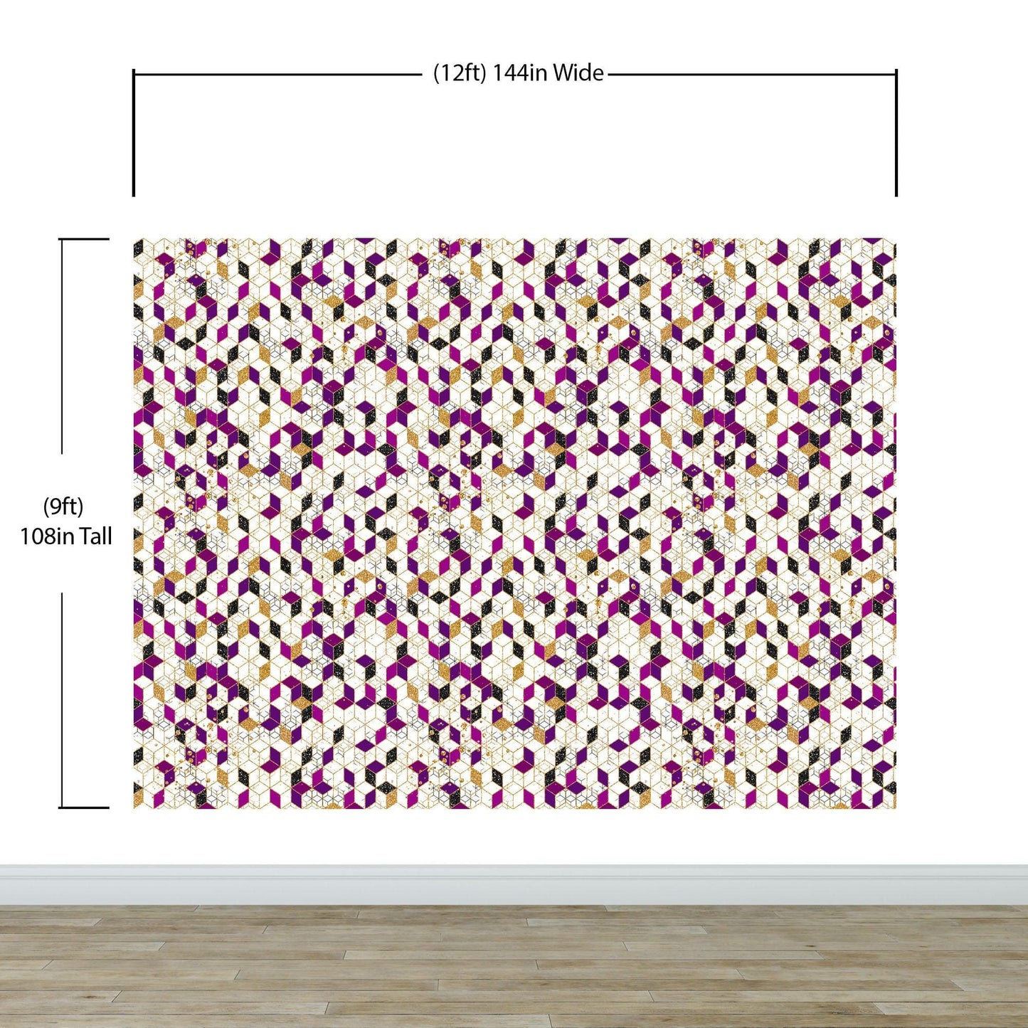 Abstract 3D Cube Shape Wall Mural. Geometric Cube Minimalistic Purple and Gold Peel and Stick Wallpaper. #6380