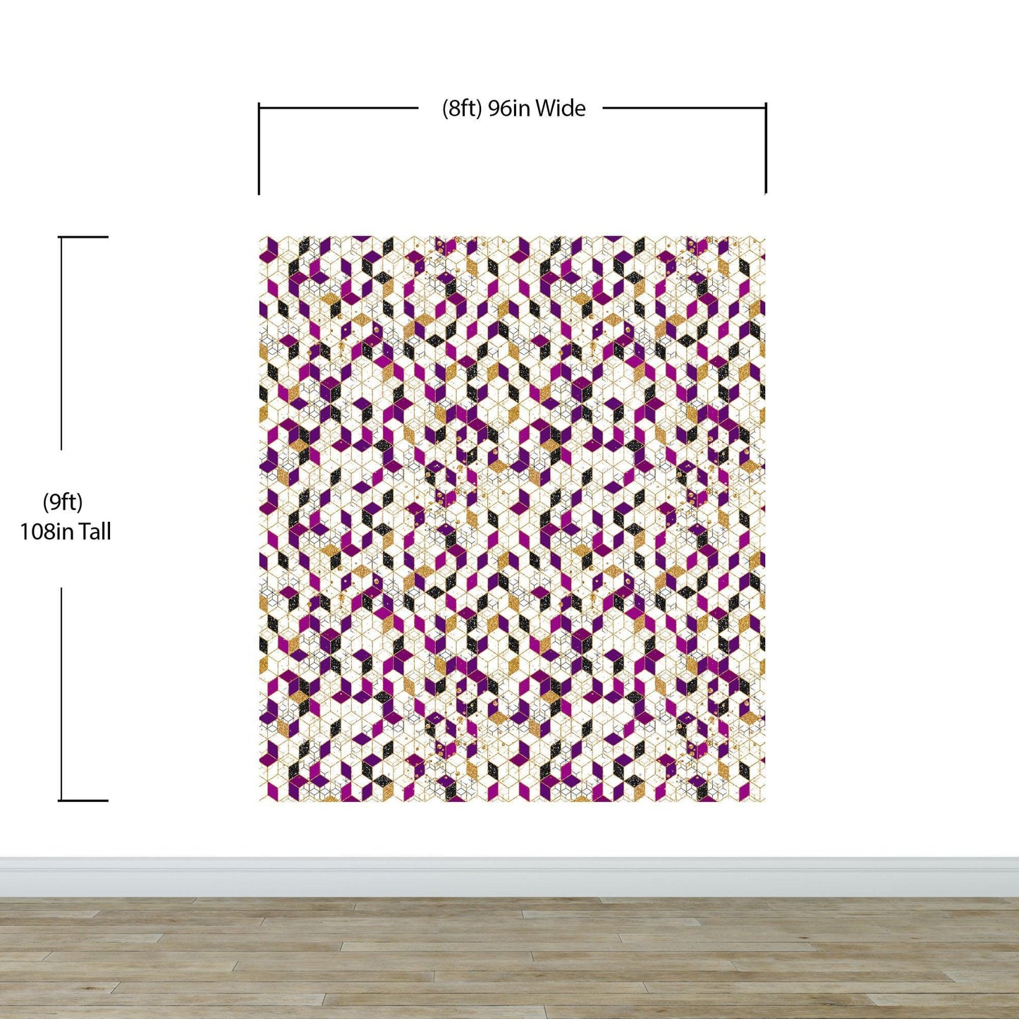 Abstract 3D Cube Shape Wall Mural. Geometric Cube Minimalistic Purple and Gold Peel and Stick Wallpaper. #6380