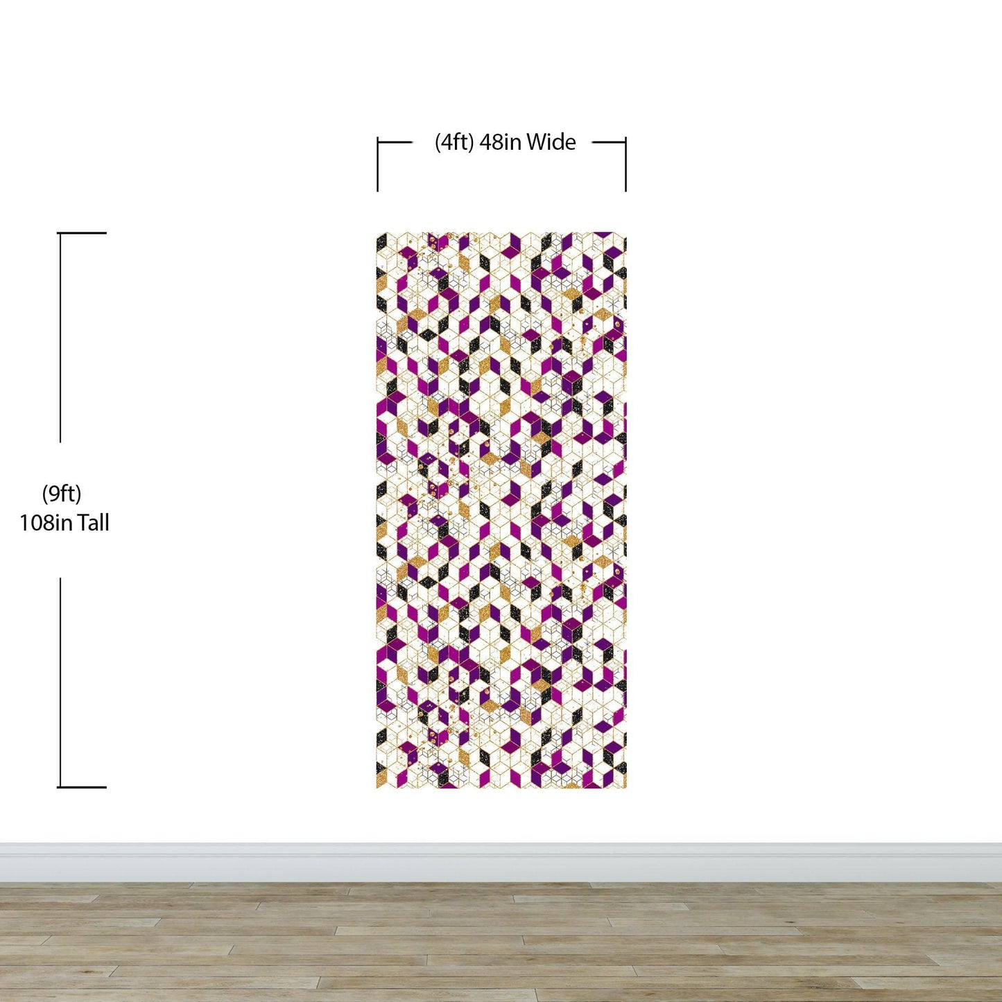 Abstract 3D Cube Shape Wall Mural. Geometric Cube Minimalistic Purple and Gold Peel and Stick Wallpaper. #6380