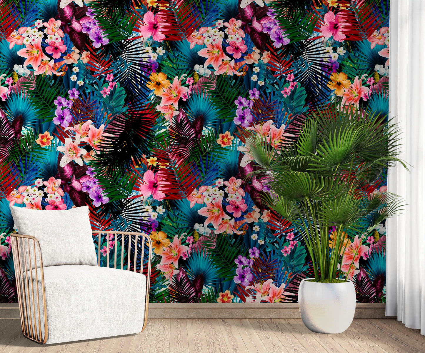 Colorful Tropical Foliage Pattern Wall Mural. Peel and Stick Wallpaper. #6382