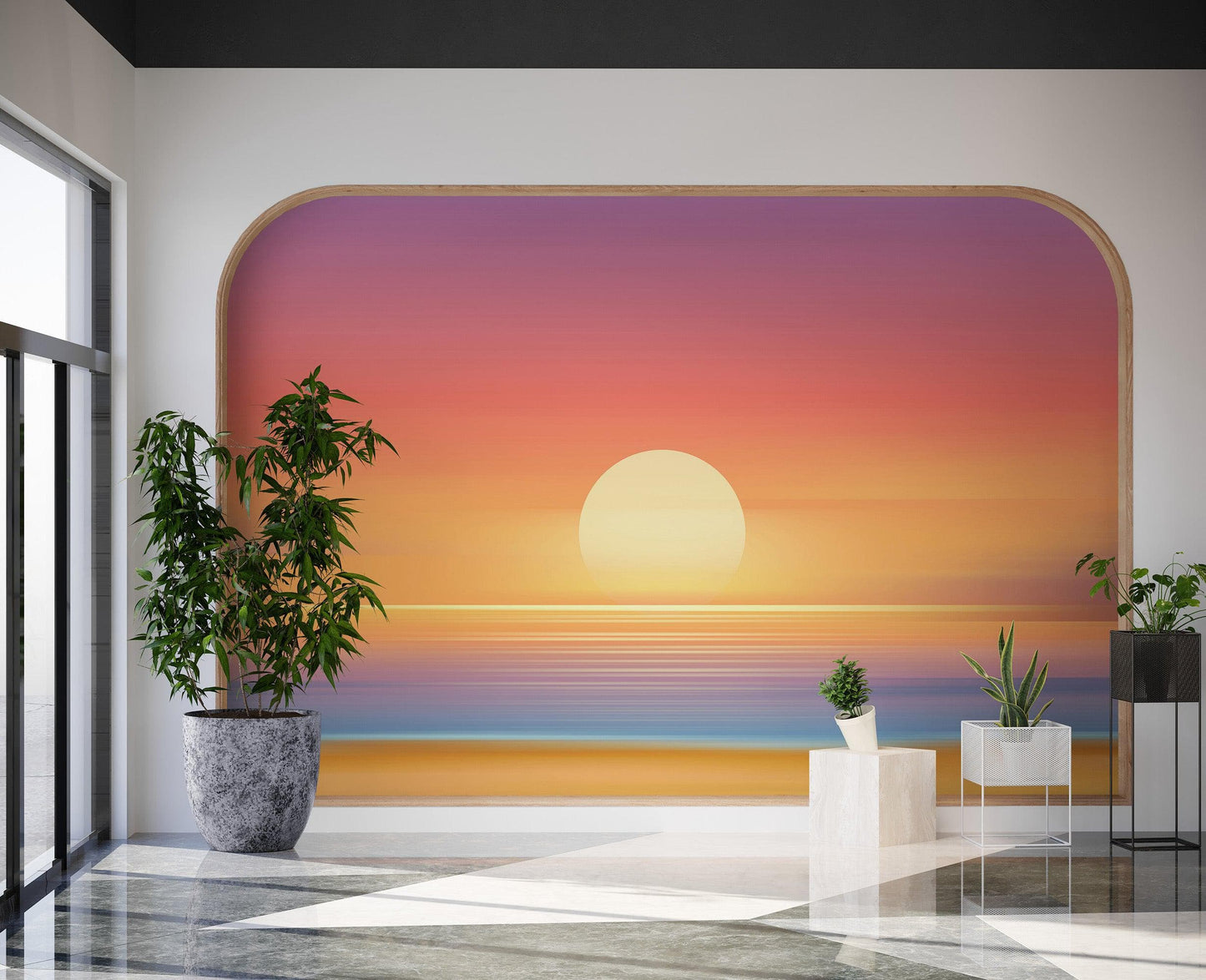 Orange Sunset Over Beach Wall Mural. Blurred Abstract Sunset Over Coastline. #6393