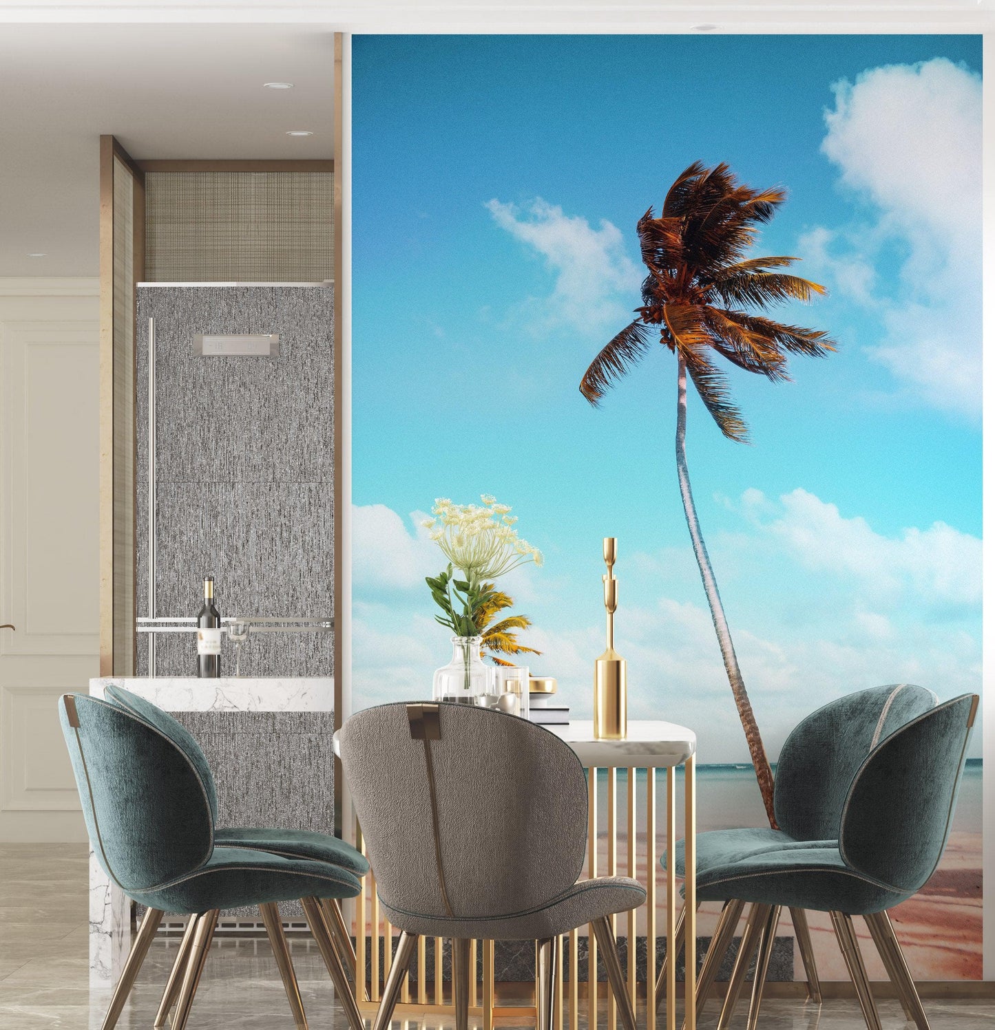 Palm Tree on Beach Coastline Wall Mural. Tropical Theme Peel and Stick Wallpaper Decor. #6401