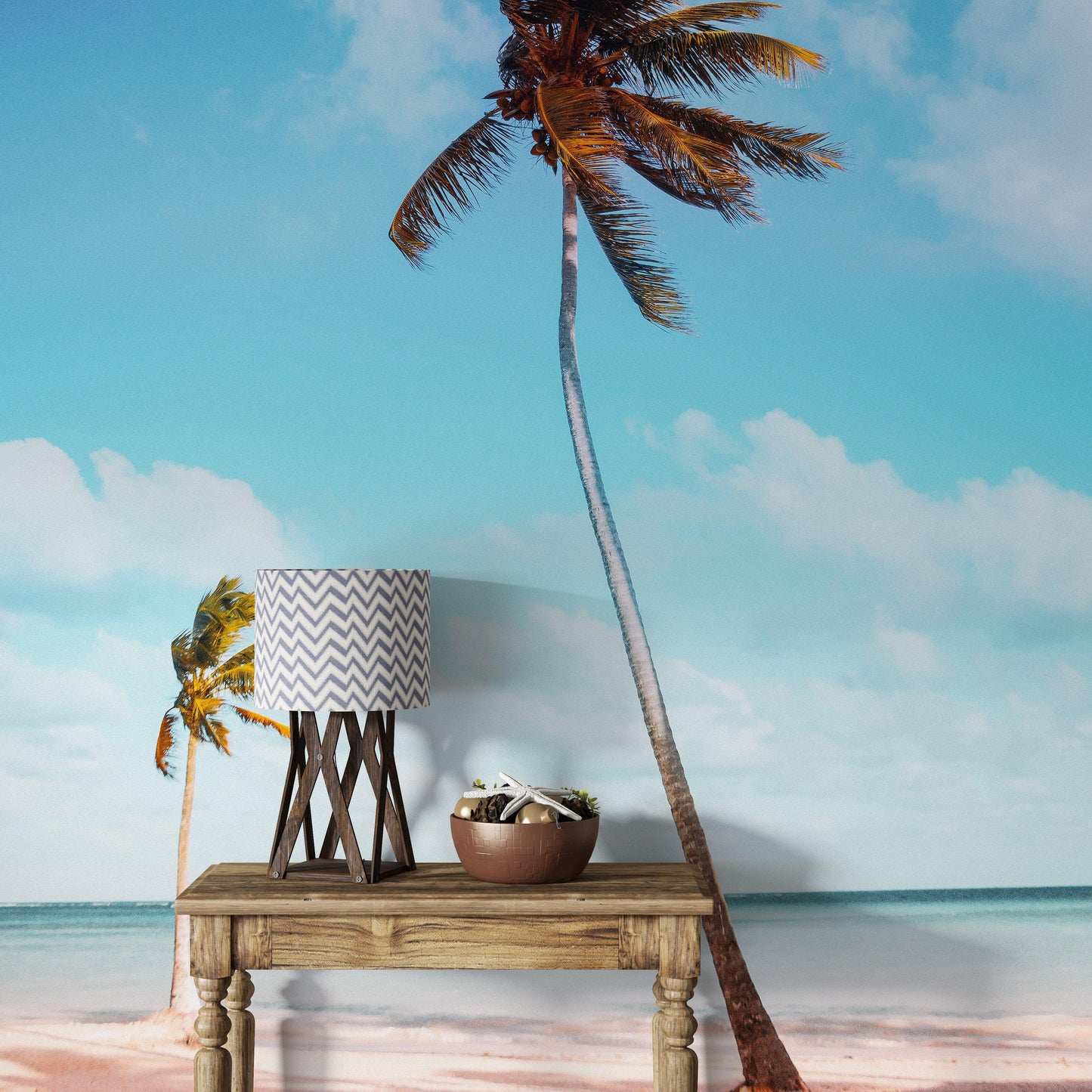 Palm Tree on Beach Coastline Wall Mural. Tropical Theme Peel and Stick Wallpaper Decor. #6401