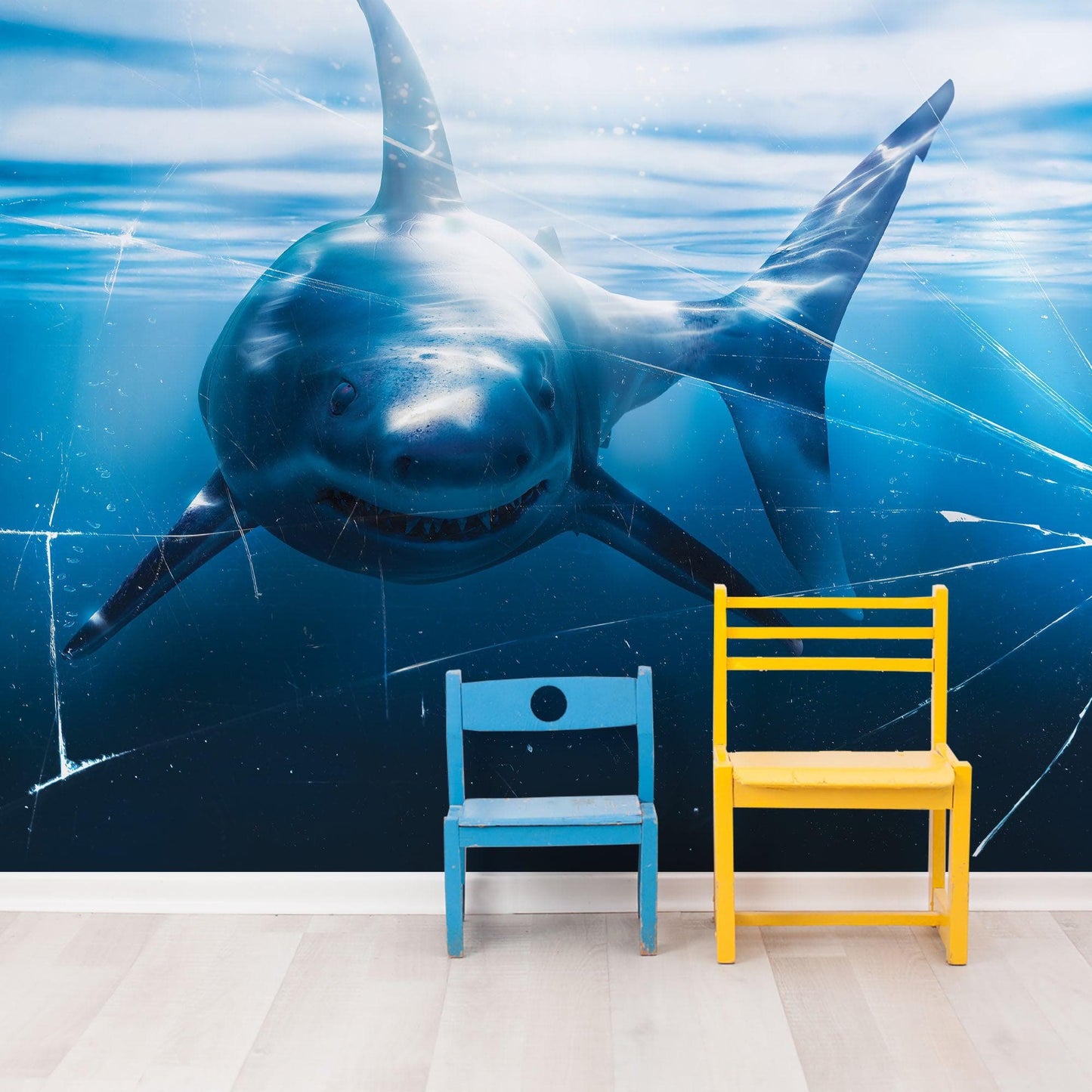 Great White Shark Attack Aquarium Glass Wall Mural. Peel and Stick Wallpaper. #6424