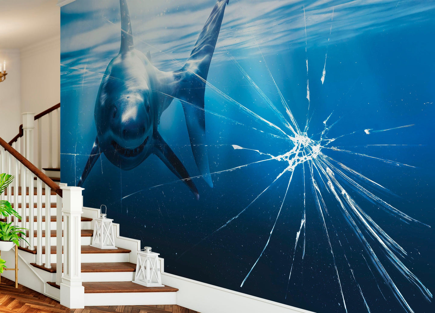 Great White Shark Attack Aquarium Glass Wall Mural. Peel and Stick Wallpaper. #6424