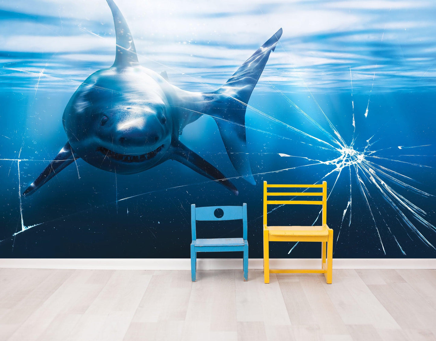 Great White Shark Attack Aquarium Glass Wall Mural. Peel and Stick Wallpaper. #6424