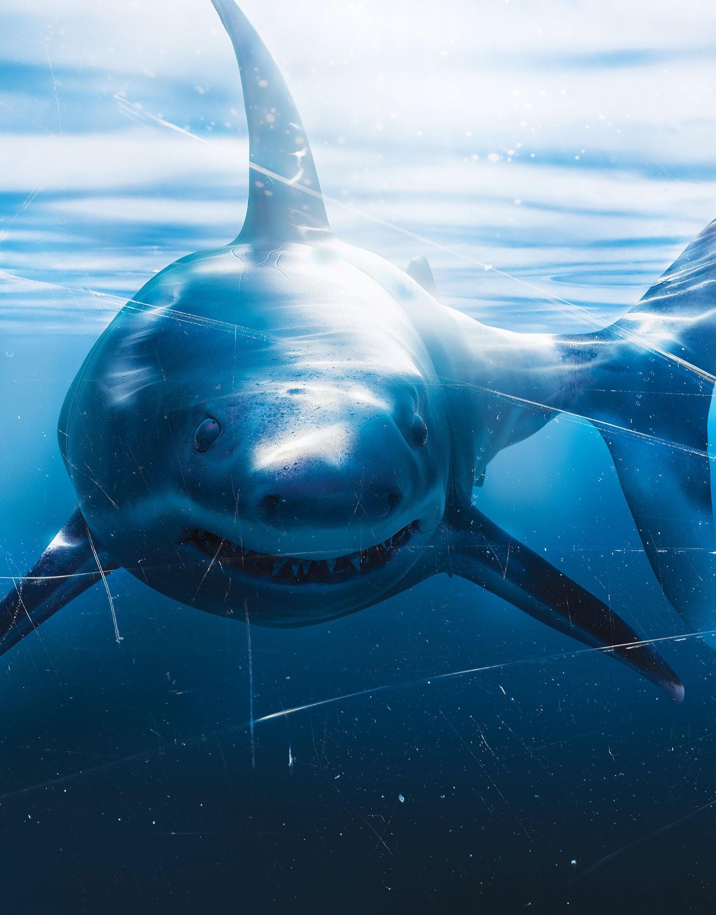 Great White Shark Attack Aquarium Glass Wall Mural. Peel and Stick Wallpaper. #6424