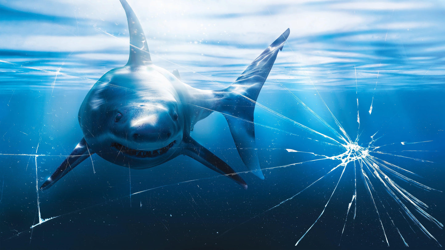 Great White Shark Attack Aquarium Glass Wall Mural. Peel and Stick Wallpaper. #6424