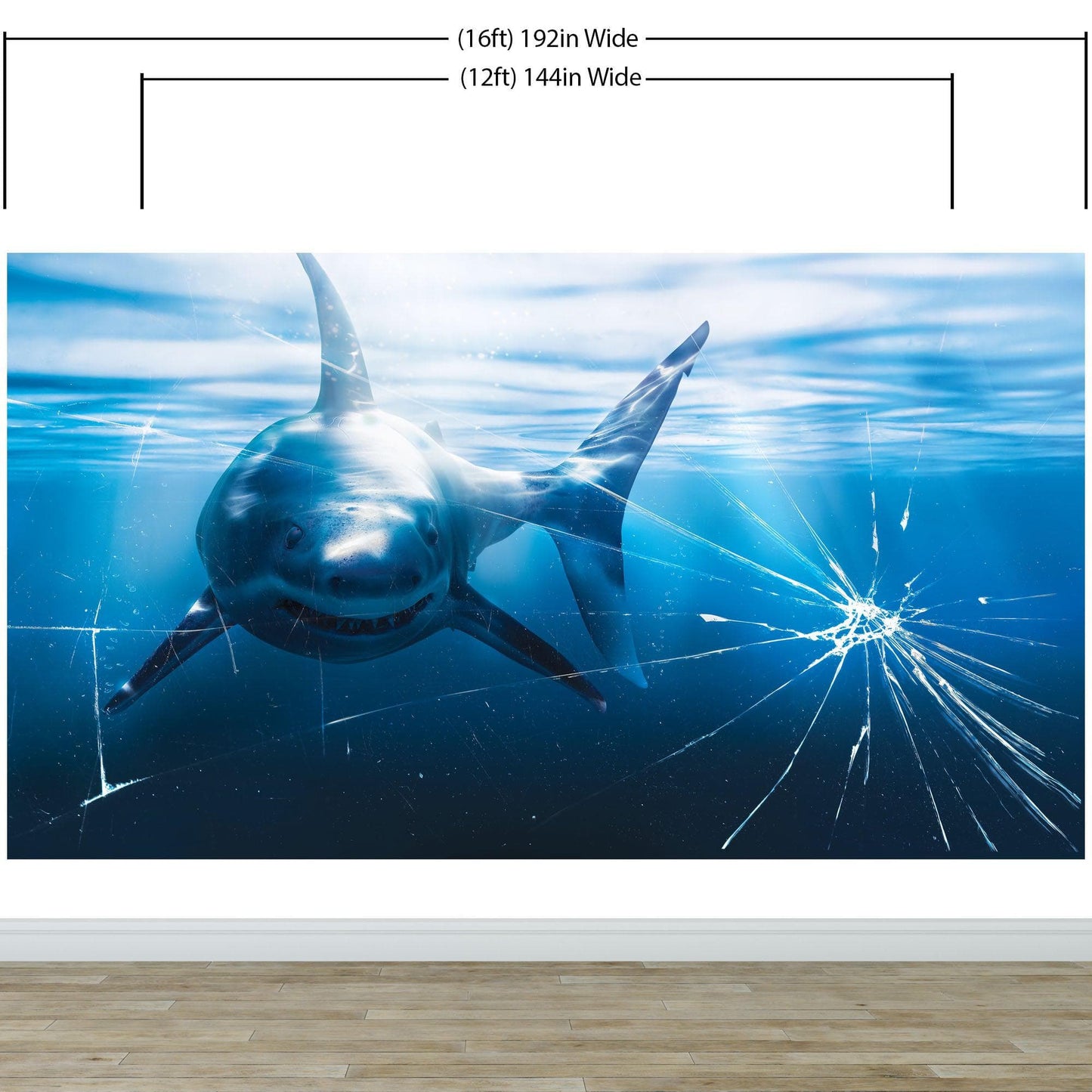 Great White Shark Attack Aquarium Glass Wall Mural. Peel and Stick Wallpaper. #6424