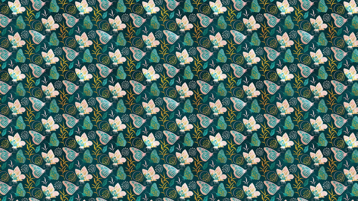 Butterfly Pattern Wall Mural. Retro Green and Gold Color Illustration Design. Bedroom, Nursery, Home Decor. #6435