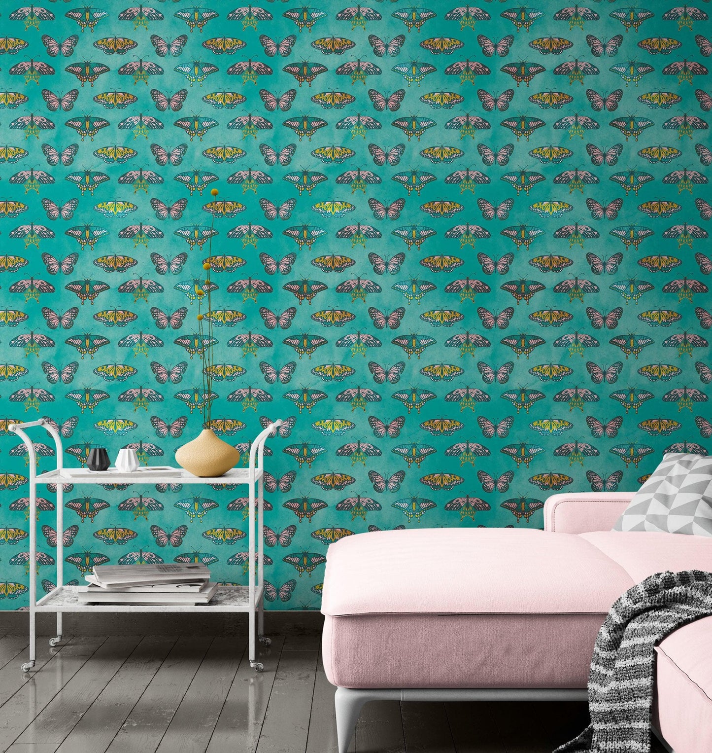 Butterfly Pattern on Green Background Wall Mural. Retro Green, Pink and Gold Color Illustration Design. Bedroom, Nursery, Home Decor. Peel and Stick Wallpaper. #6440