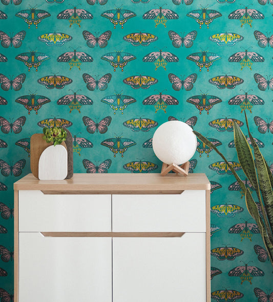 Butterfly Pattern on Green Background Wall Mural. Retro Green, Pink and Gold Color Illustration Design. Bedroom, Nursery, Home Decor. Peel and Stick Wallpaper. #6440