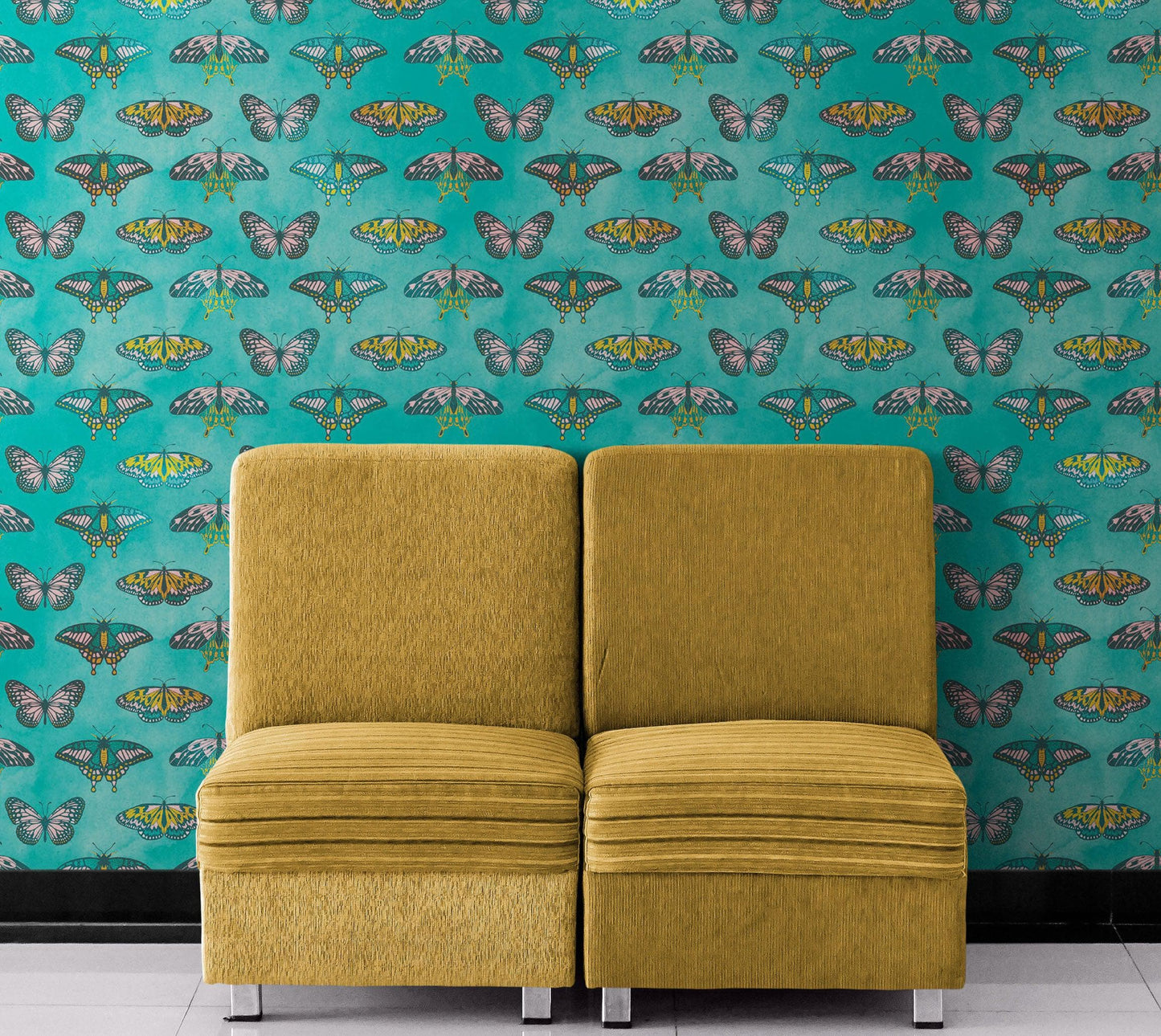 Butterfly Pattern on Green Background Wall Mural. Retro Green, Pink and Gold Color Illustration Design. Bedroom, Nursery, Home Decor. Peel and Stick Wallpaper. #6440