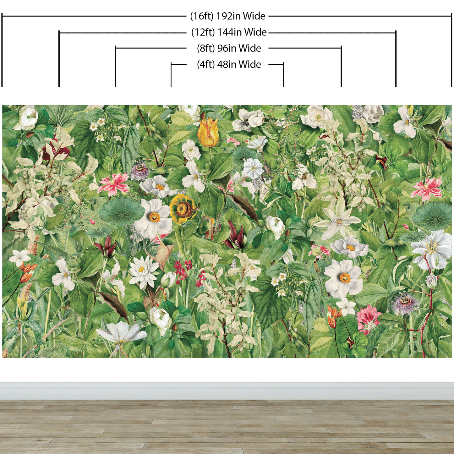 Botanical Vegetation Garden Wall Mural. Color Pencil Artwork of Flower Garden Peel and Stick Wallpaper. Rainforest Jungle Botanical Flowers and Leafs Background. #6449