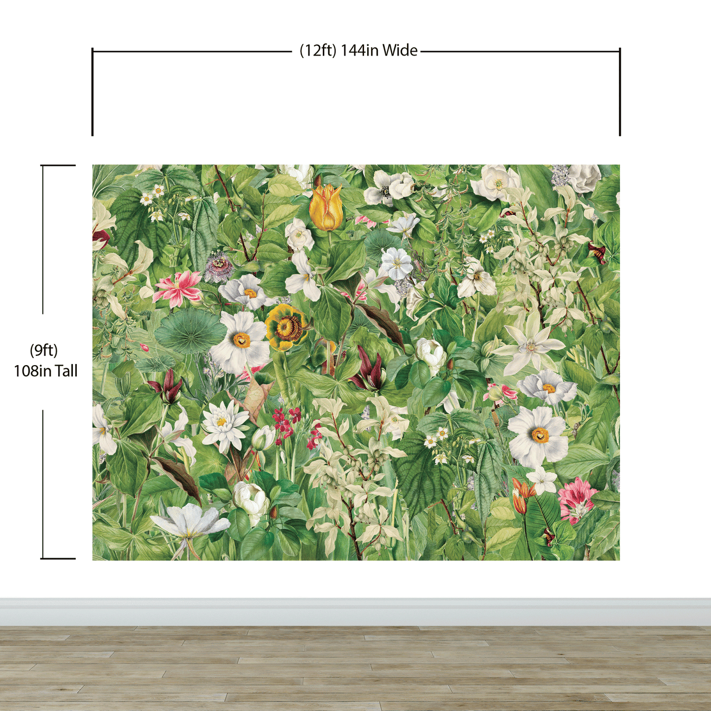 Botanical Vegetation Garden Wall Mural. Color Pencil Artwork of Flower Garden Peel and Stick Wallpaper. Rainforest Jungle Botanical Flowers and Leafs Background. #6449