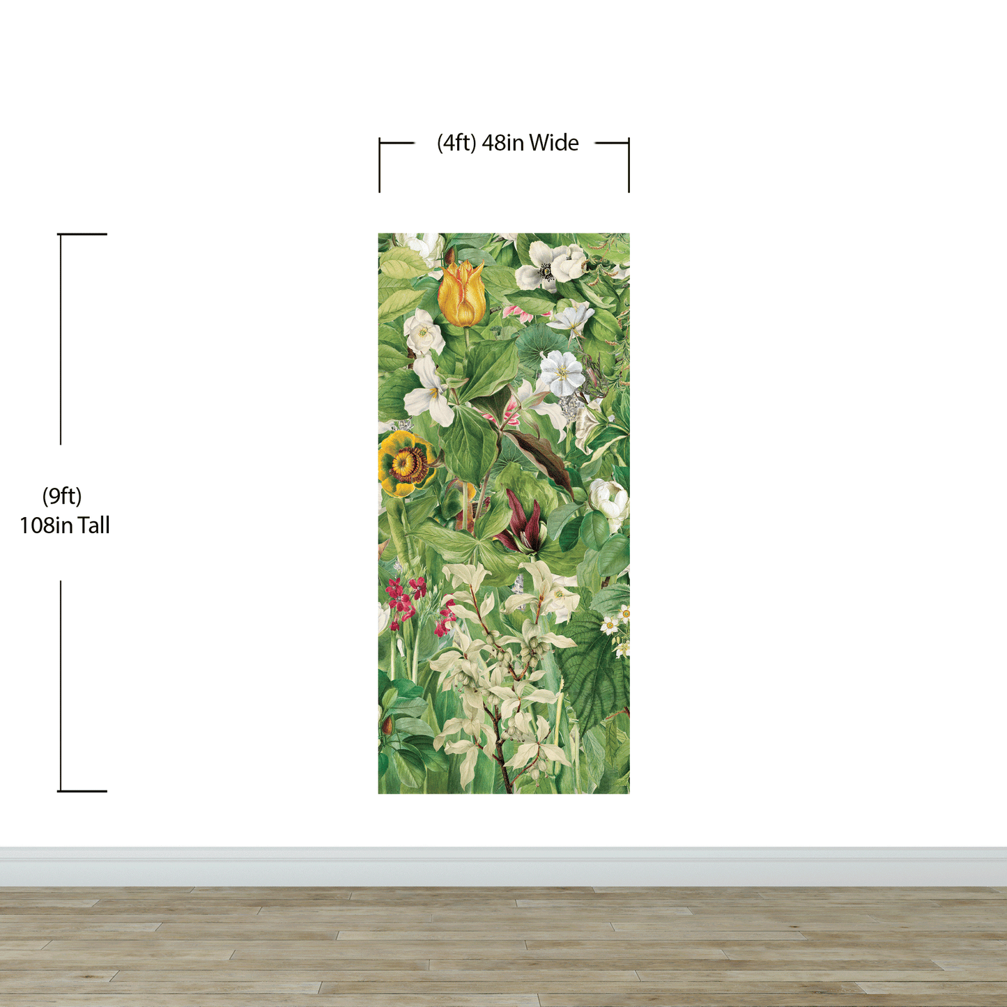 Botanical Vegetation Garden Wall Mural. Color Pencil Artwork of Flower Garden Peel and Stick Wallpaper. Rainforest Jungle Botanical Flowers and Leafs Background. #6449