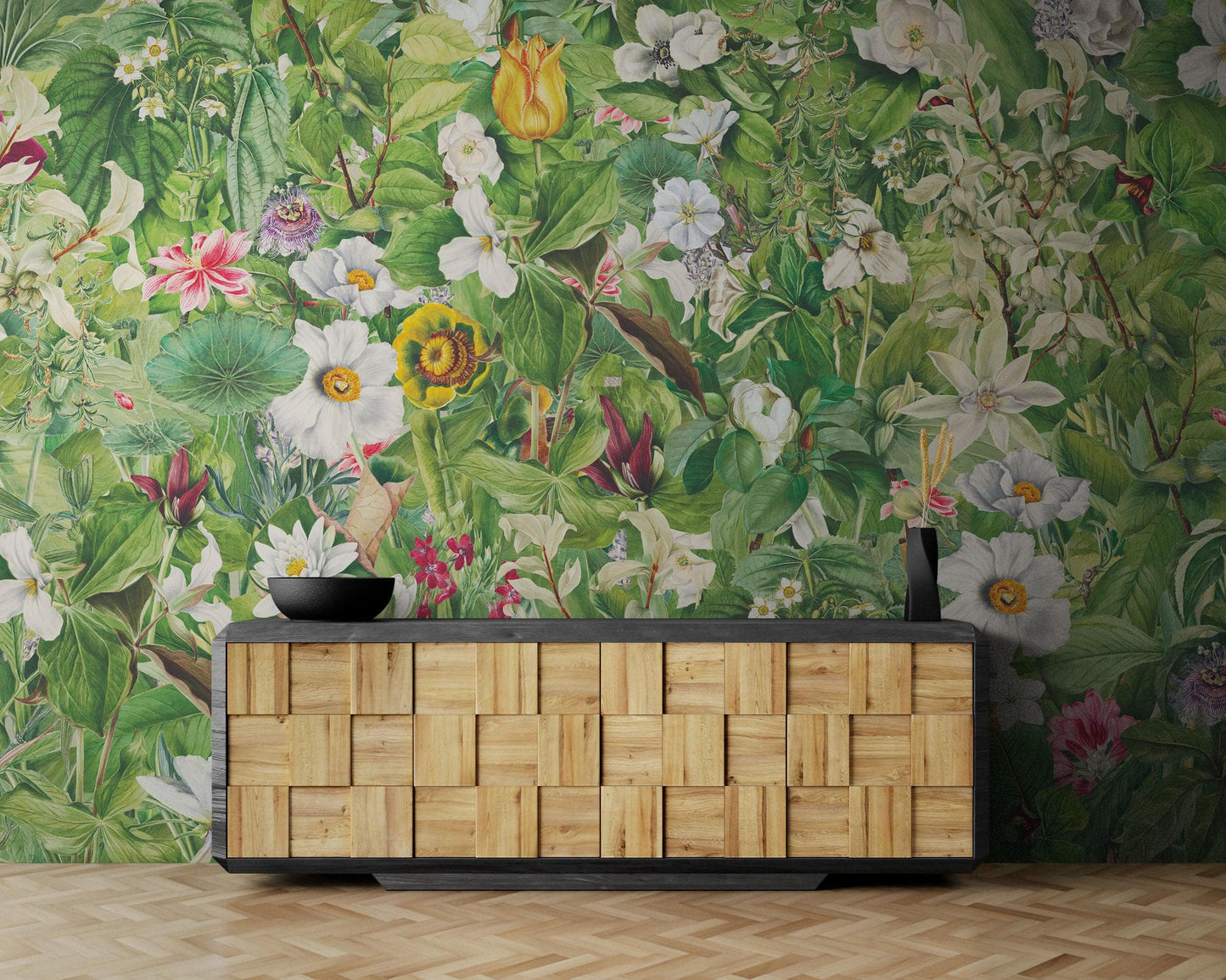 Botanical Vegetation Garden Wall Mural. Color Pencil Artwork of Flower Garden Peel and Stick Wallpaper. Rainforest Jungle Botanical Flowers and Leafs Background. #6449