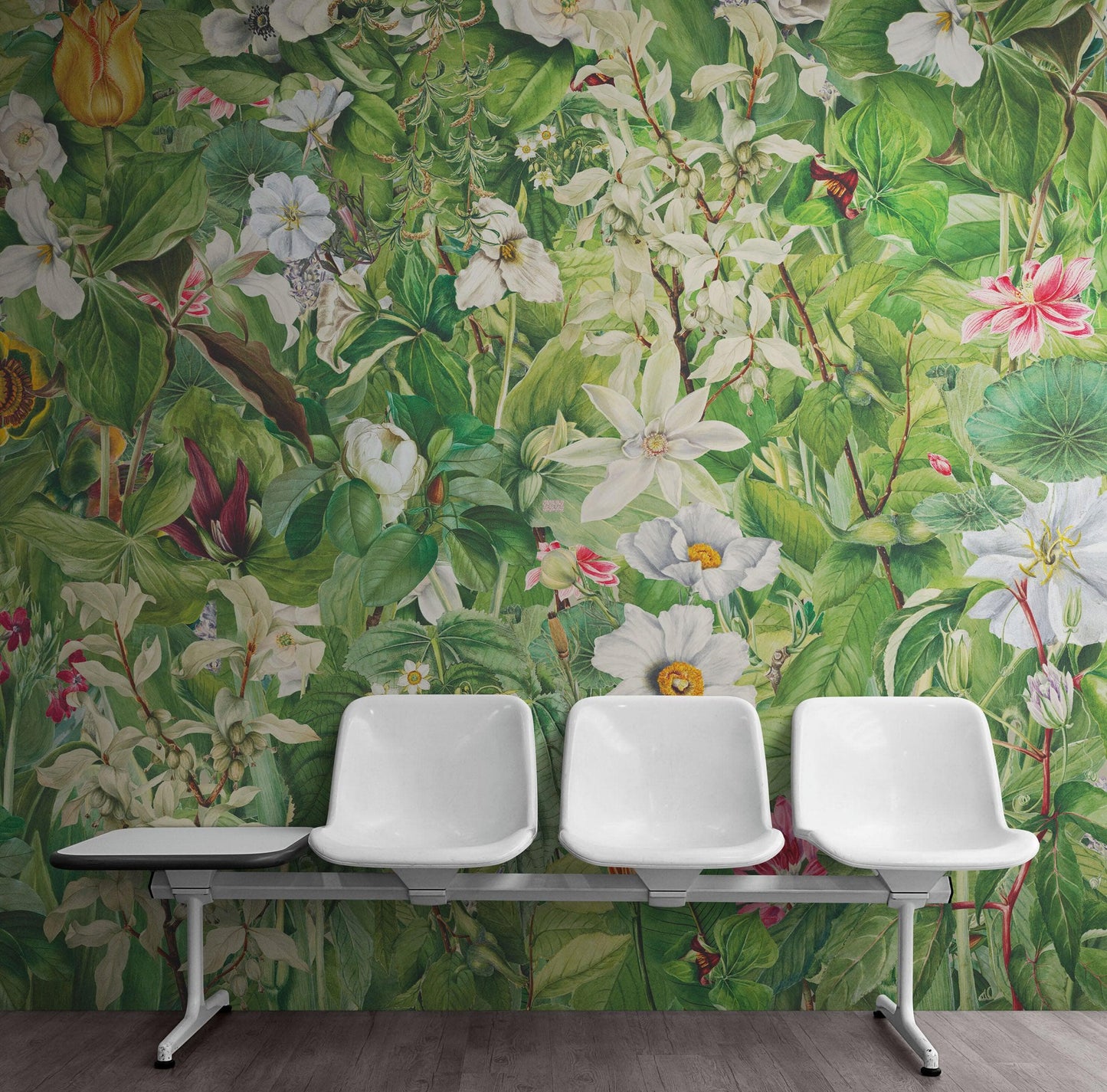 Botanical Vegetation Garden Wall Mural. Color Pencil Artwork of Flower Garden Peel and Stick Wallpaper. Rainforest Jungle Botanical Flowers and Leafs Background. #6449